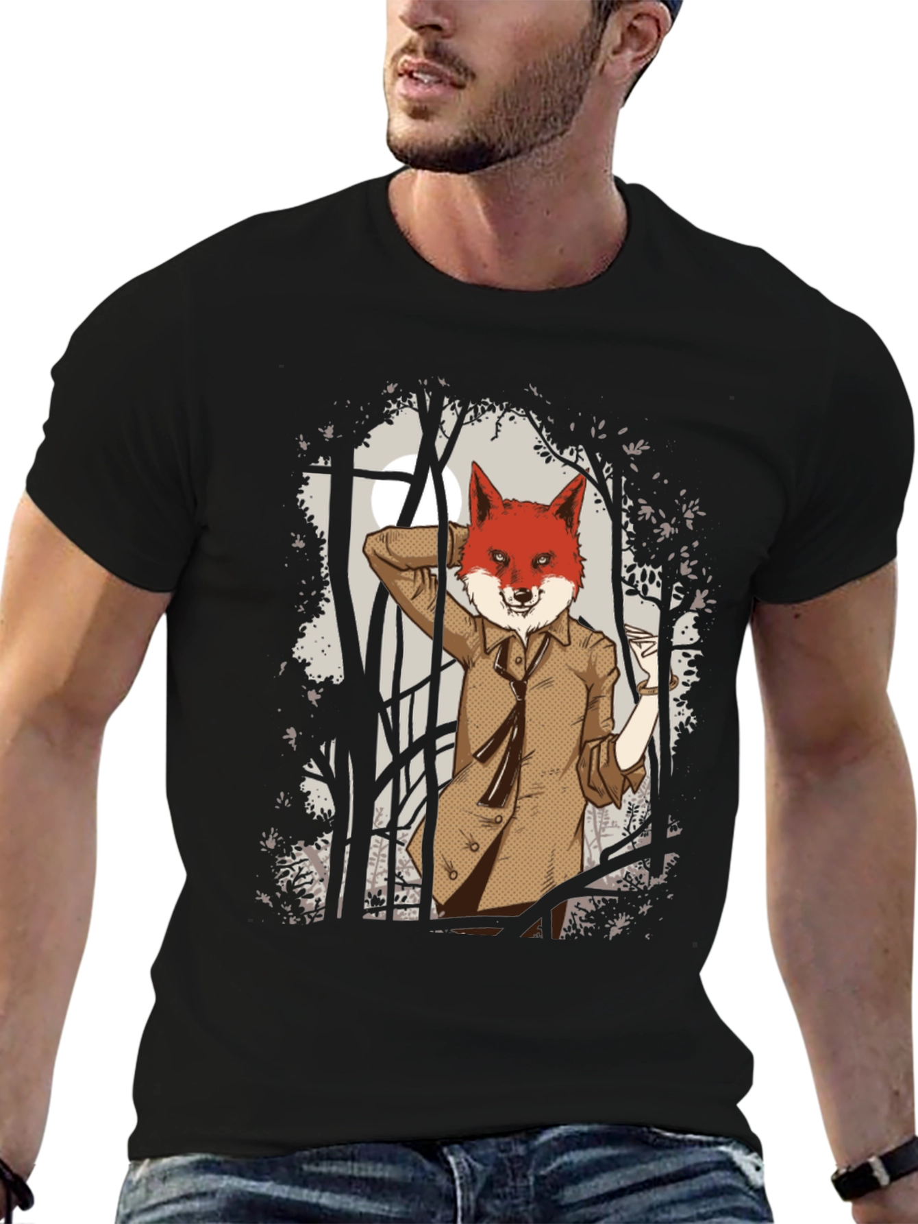Black Fox in Suit Graphic Tee - Black Cotton T-Shirt view 6
