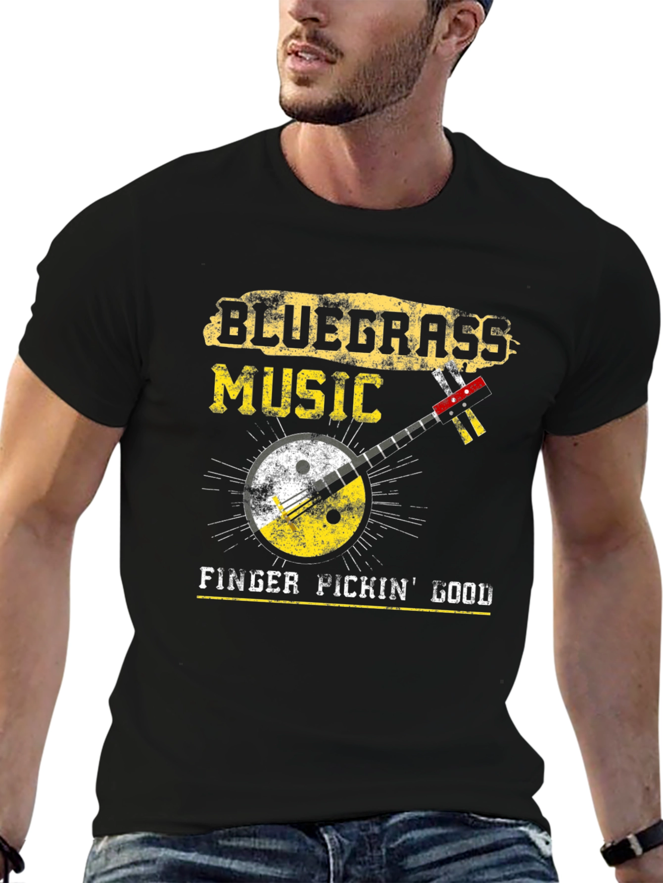 Black Bluegrass Music Banjo Graphic T-Shirt view 6