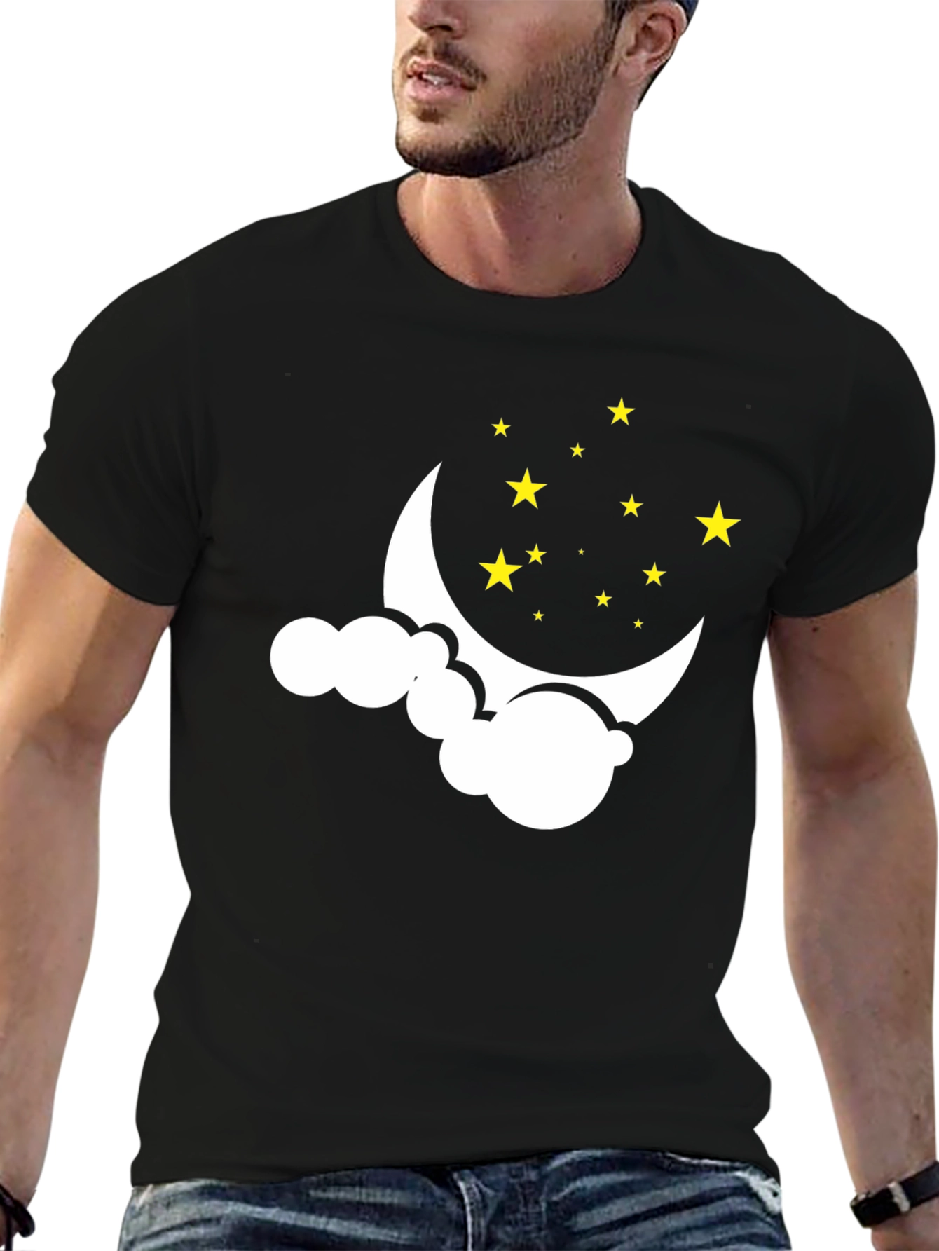 Black Dreamy Night Tee: Crescent Moon & Stars Graphic T-Shirt view 6