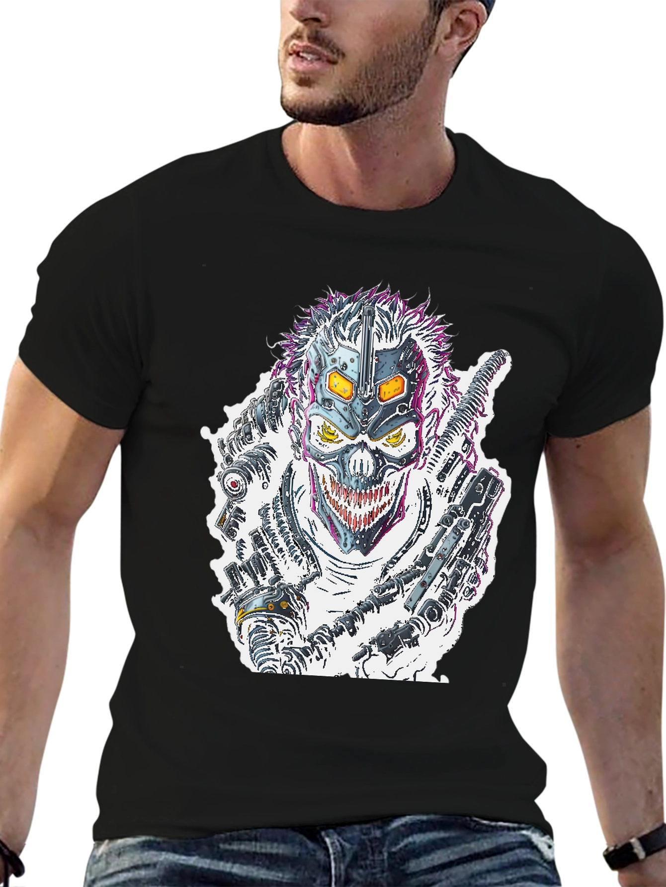 Black Cyberpunk Skull T-Shirt - Futuristic Graphic Tee view 6