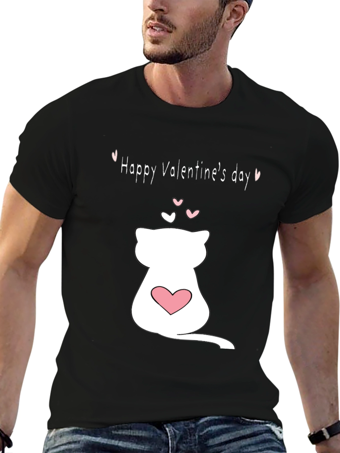 Black Cat Valentine's Day T-Shirt - Black Crew Neck view 6