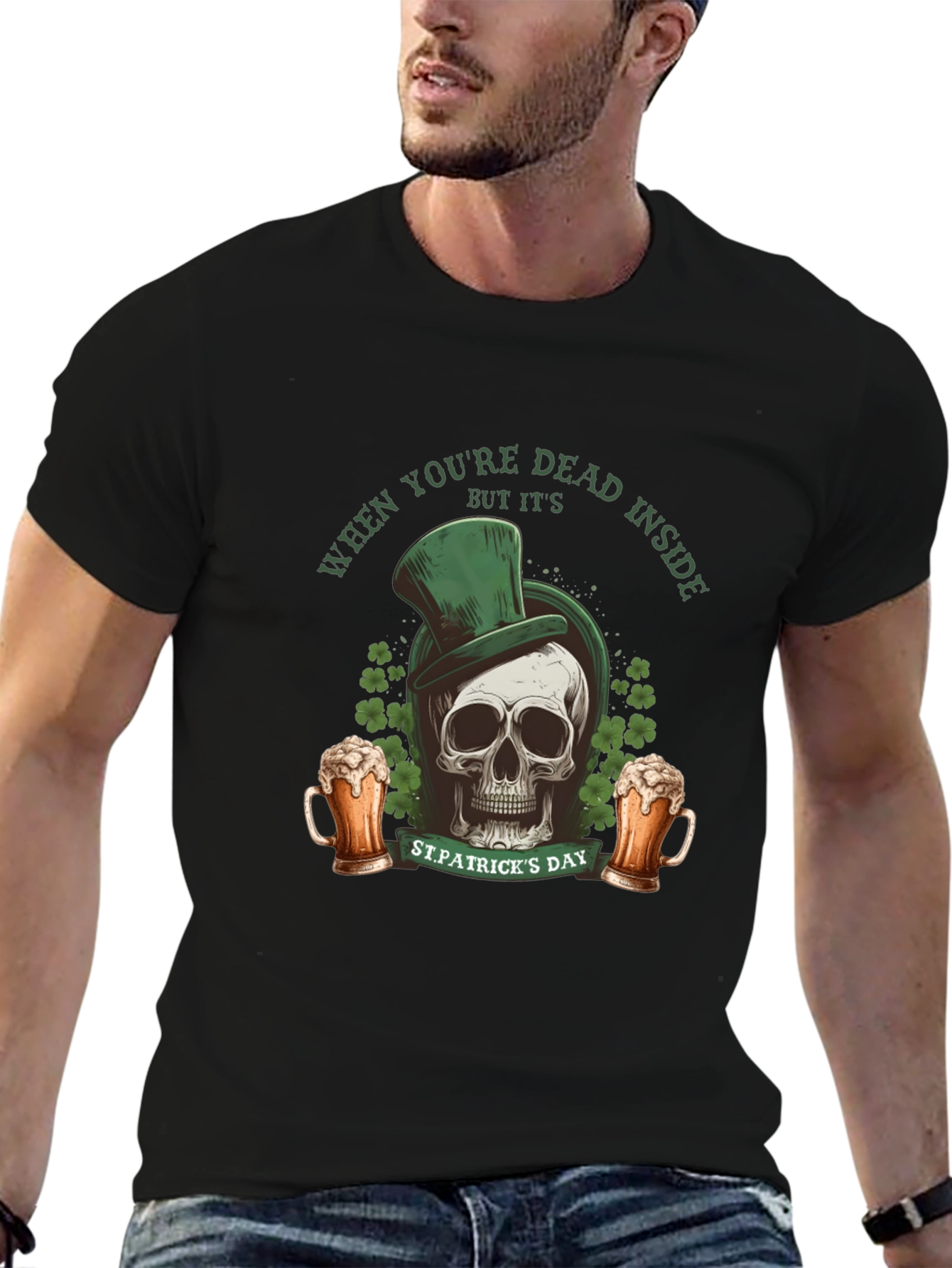 Black St. Patrick's Day Skull T-Shirt - Dead Inside view 6