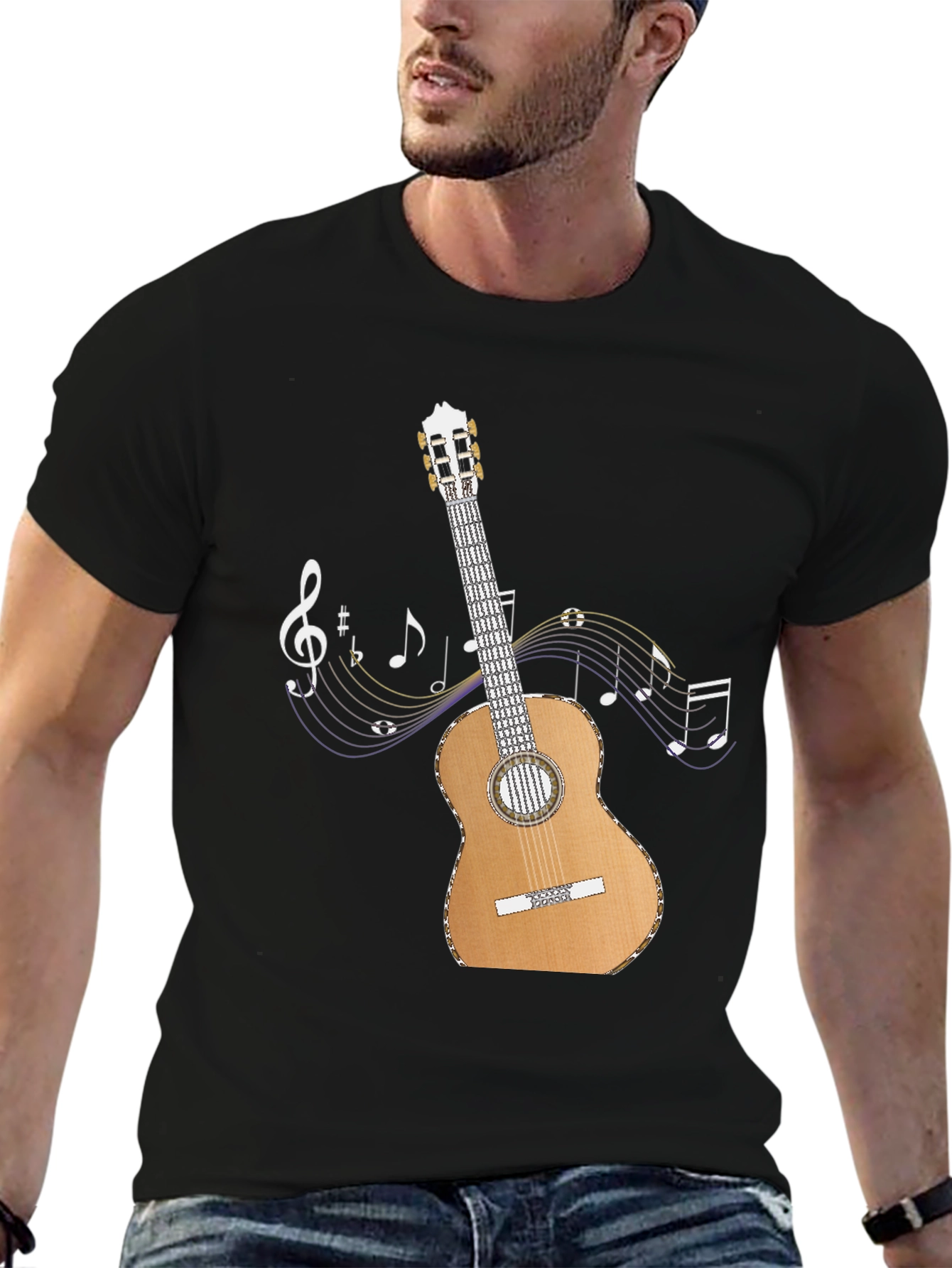Black Guitar Music Notes Graphic T-Shirt view 6