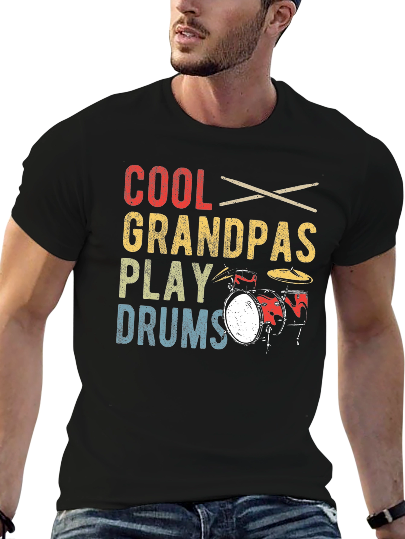 Black Cool Grandpas Play Drums T-Shirt view 6
