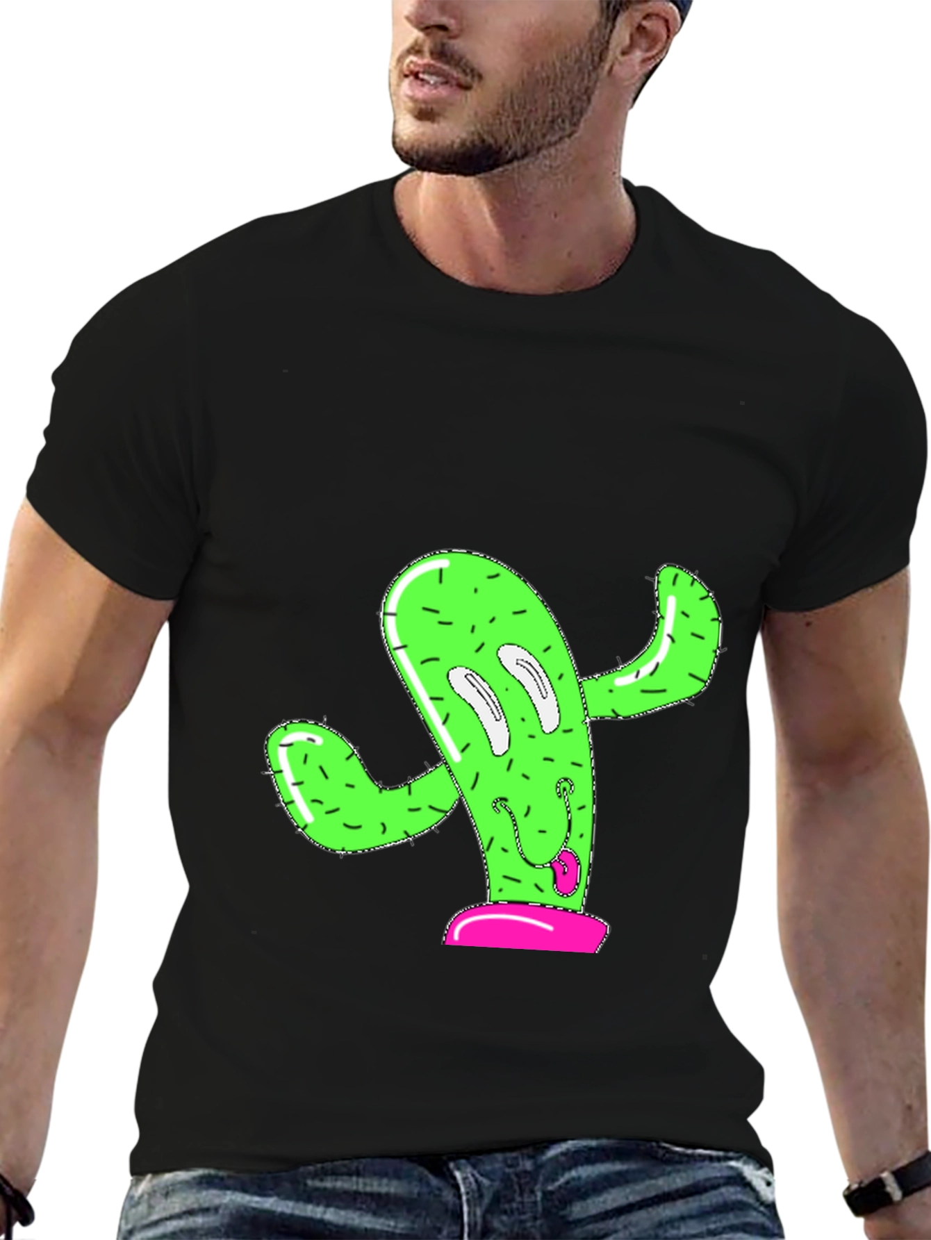 Black Funny Cactus Graphic Tee - Black Cotton T-Shirt view 6