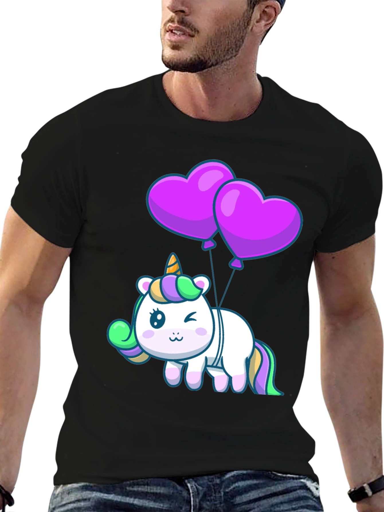 Black Unicorn Heart Balloons Graphic Tee - Black view 6