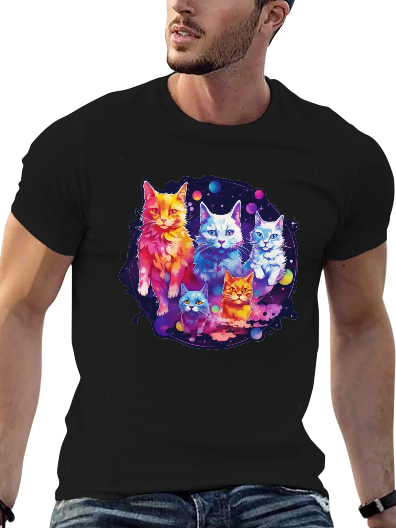 Black Cosmic Cat Crew T-Shirt - Galaxy Feline Design view 6