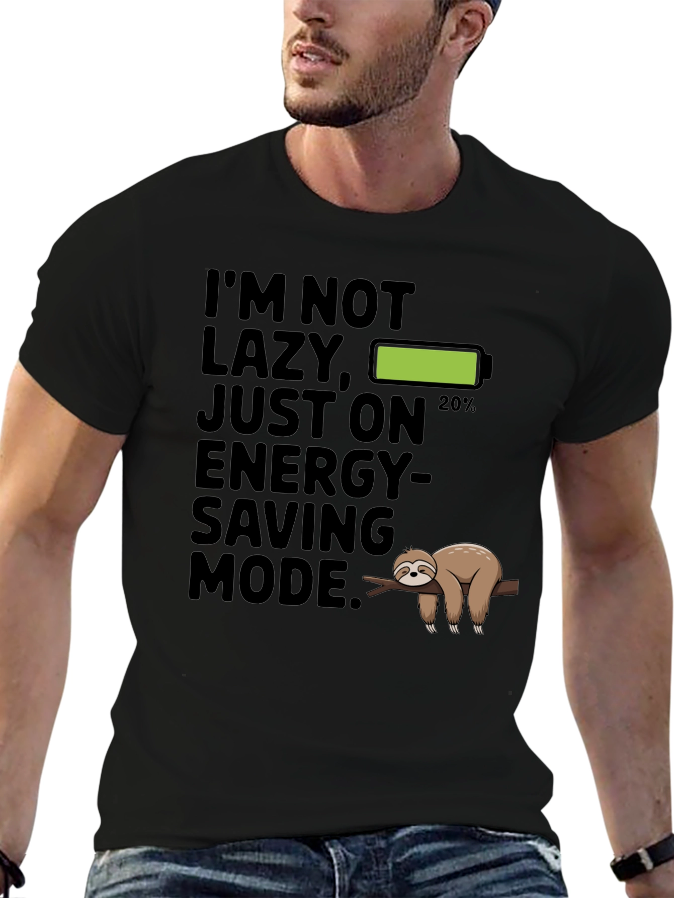 Black Funny Sloth Energy Saving Mode Graphic T-Shirt view 6