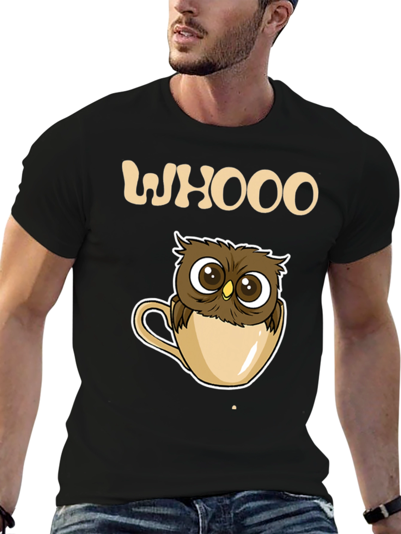 Black Whooo Owl Coffee Cup T-Shirt - Cute & Cozy! view 6