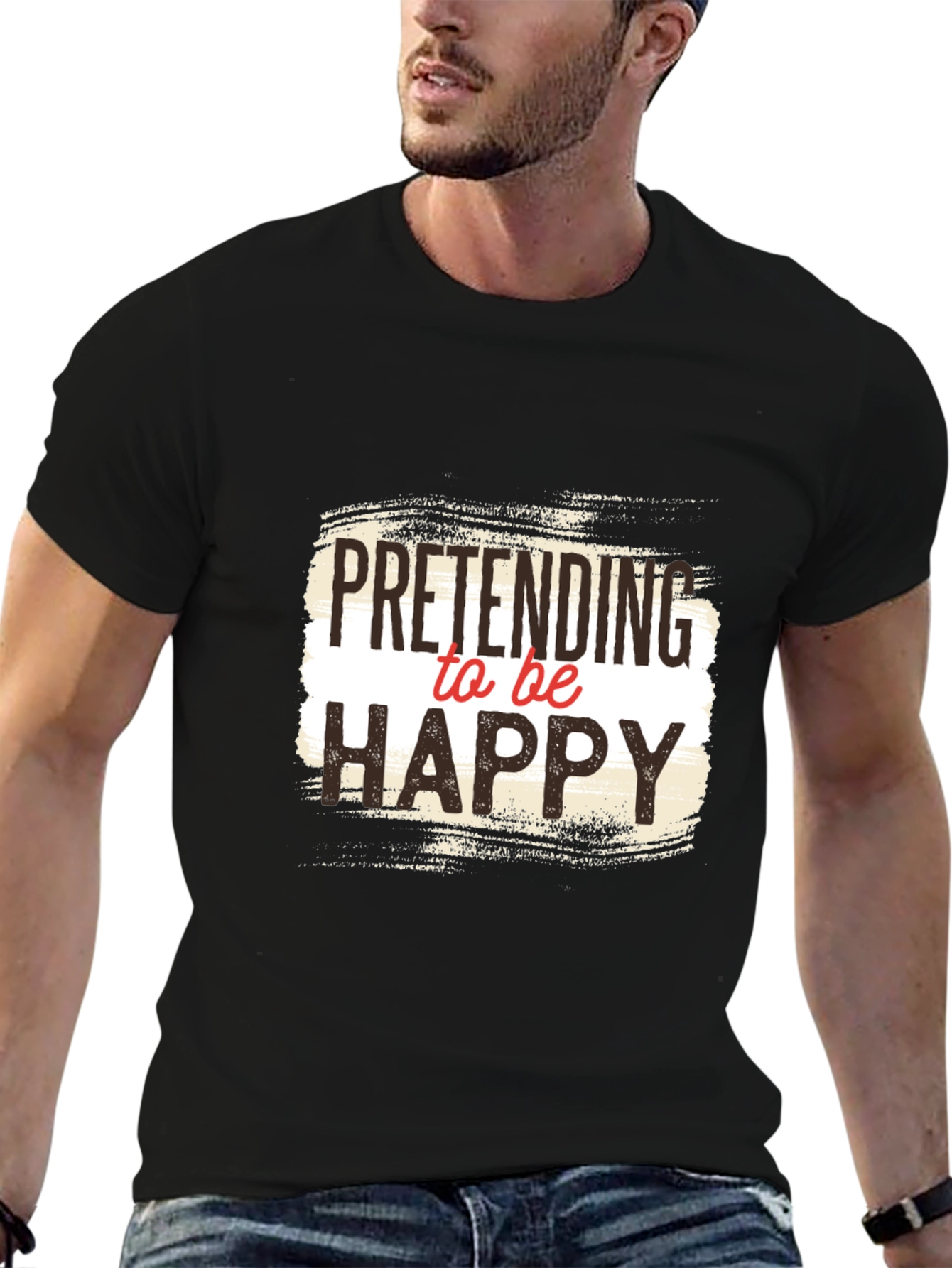 Black Pretending to be Happy Graphic Tee - Unisex Black T-Shirt view 6
