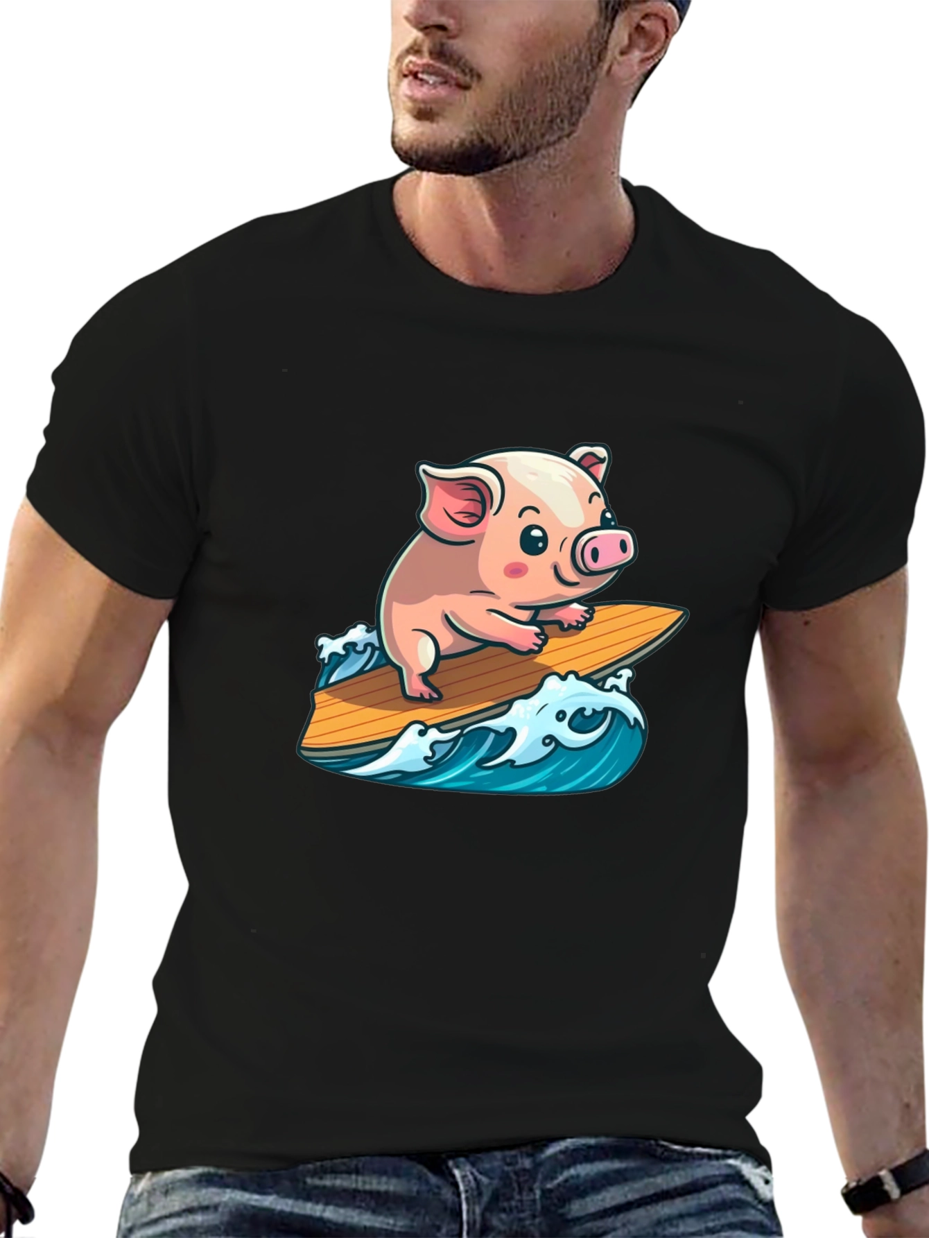 Black Surfing Pig T-Shirt - Cute Cartoon Animal Tee view 6