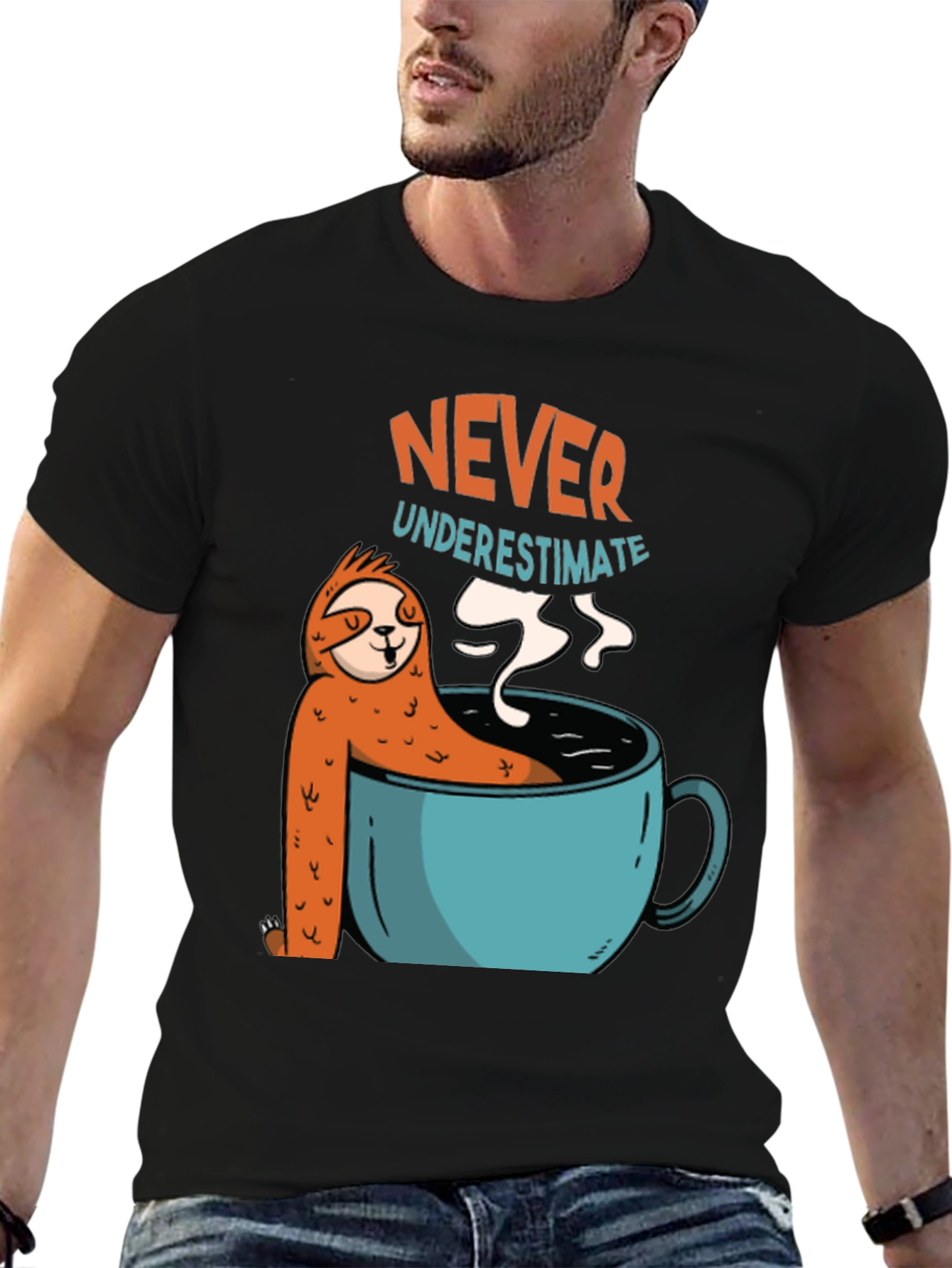 Black Never Underestimate Sloth Coffee T-Shirt view 6