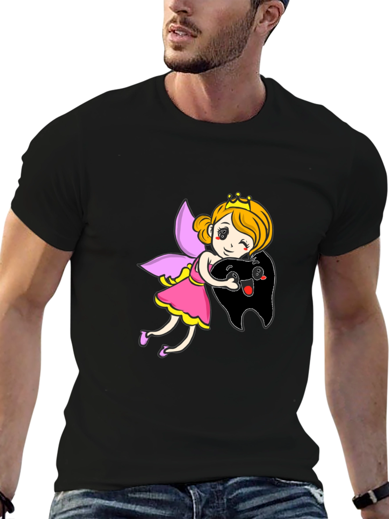 Black Tooth Fairy Hugging Tooth Graphic T-Shirt view 6