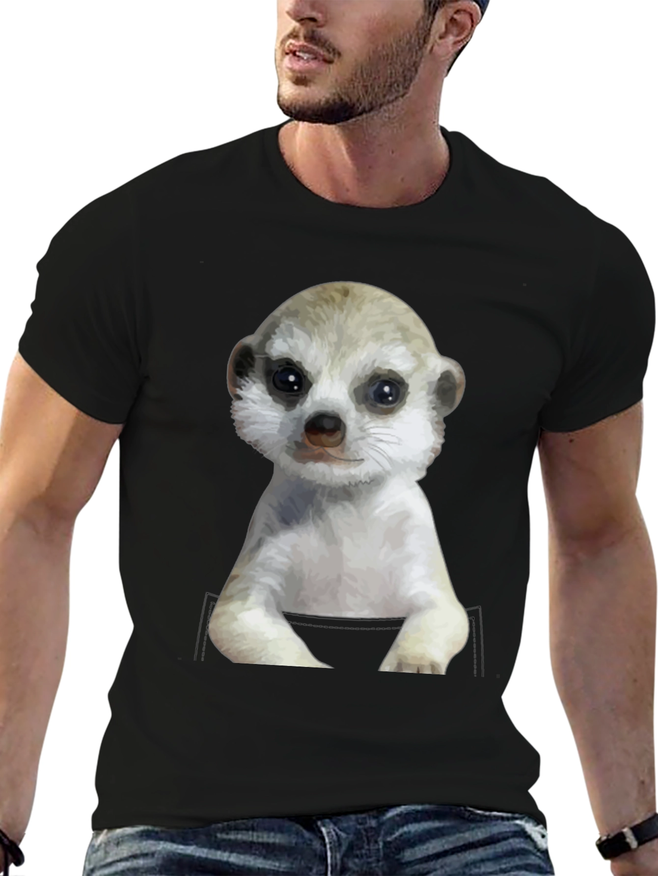 Black Meerkat in Pocket Graphic Tee - Cute Animal T-Shirt view 6