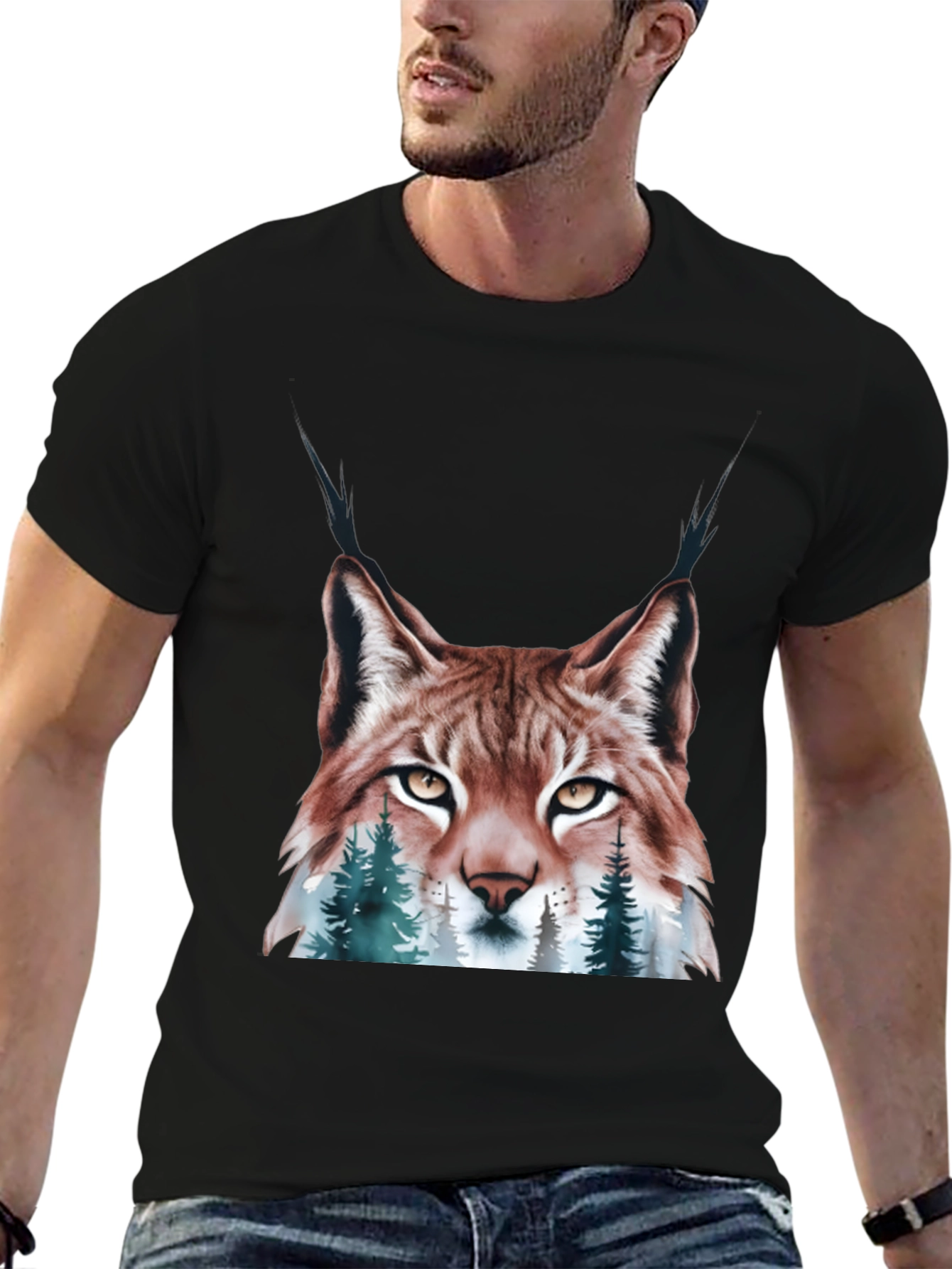 Black Lynx & Forest Graphic Print T-Shirt - Nature Inspired Tee view 6