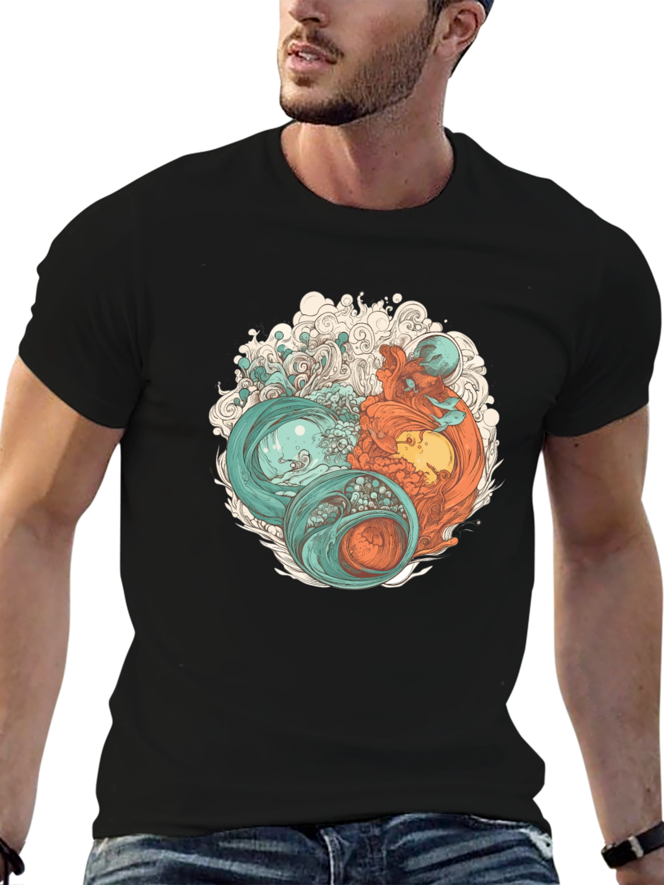 Black Yin Yang Sea Graphic Tee - Soft Cotton Blend view 6