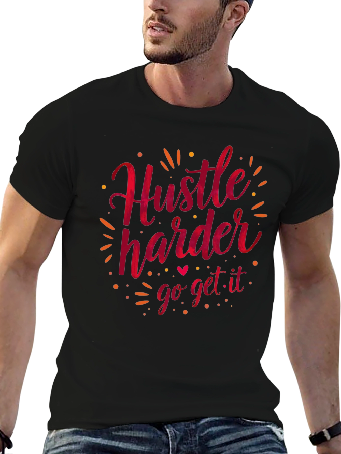 Black Hustle Harder Graphic Tee - Black Casual T-Shirt view 6