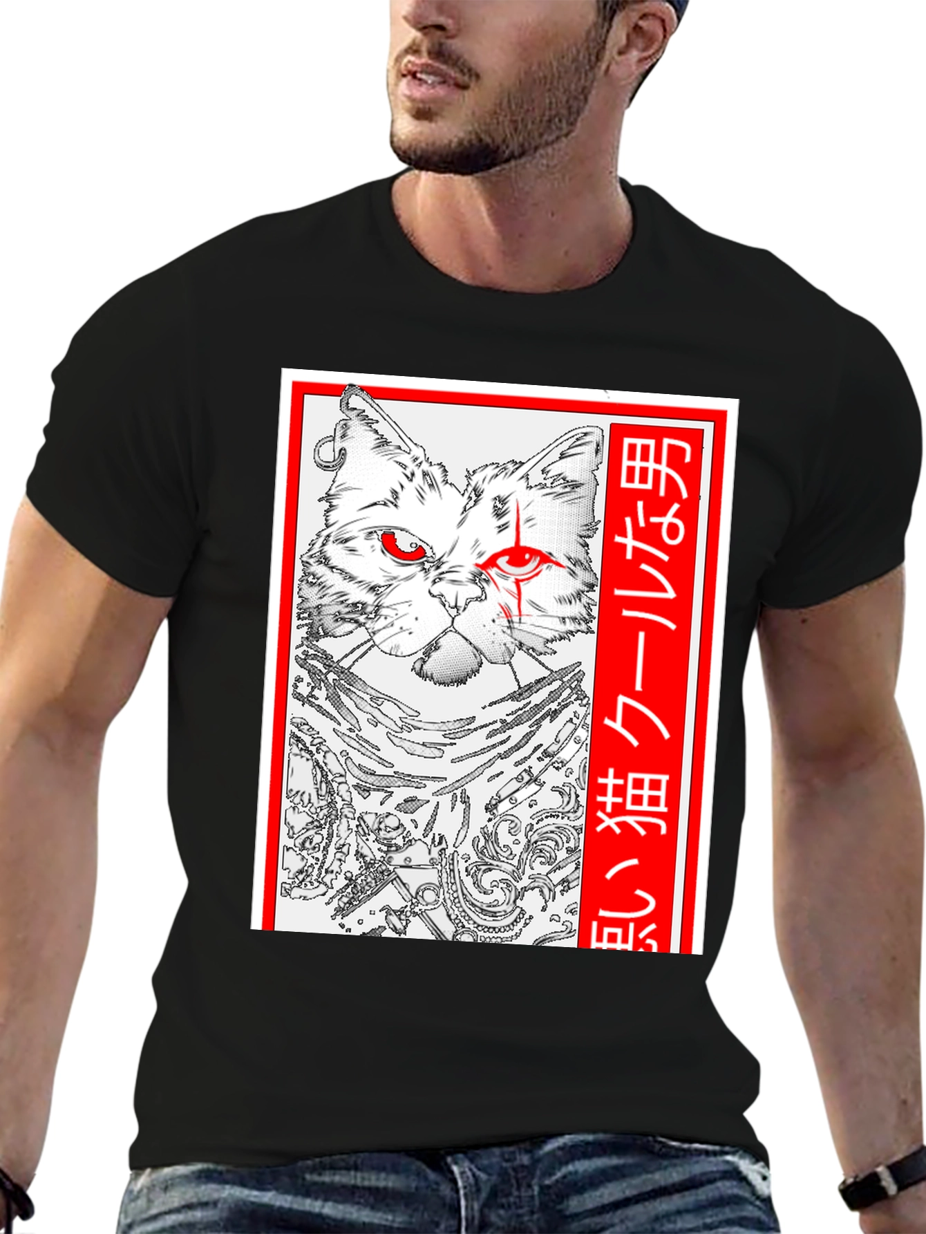 Black Cool Cat Anime Graphic T-Shirt - Black view 6