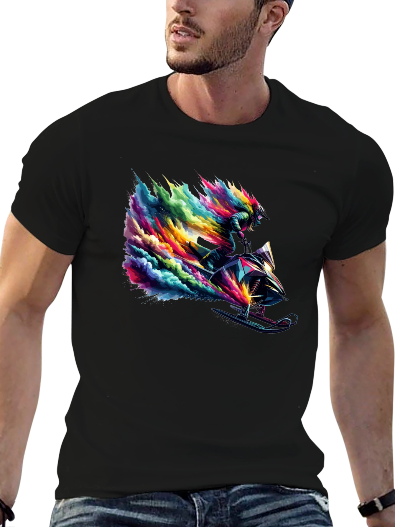 Black Colorful Snowmobile Rider Graphic Tee - Cool Design view 6