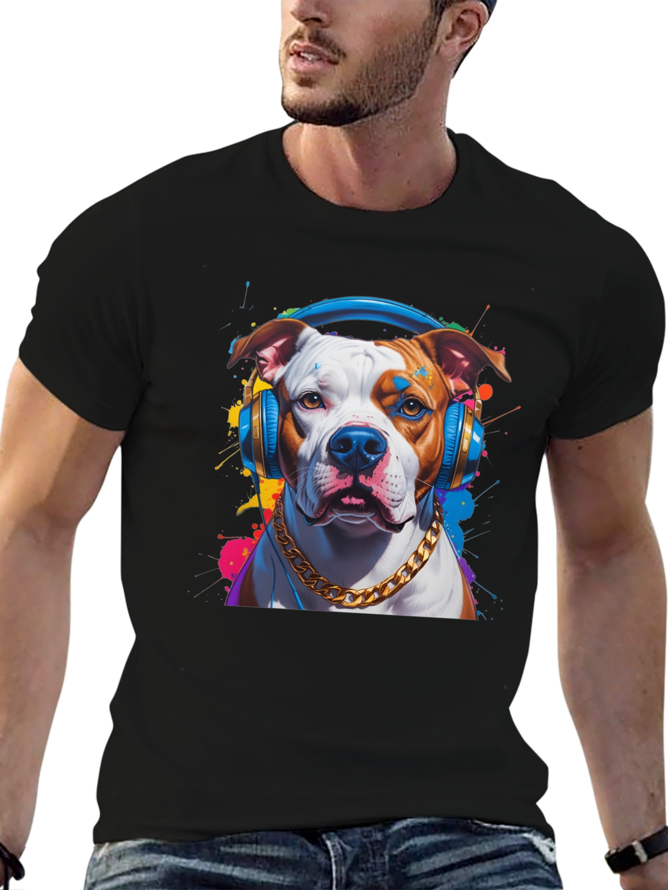 Black Dog with Headphones Graphic T-Shirt view 6