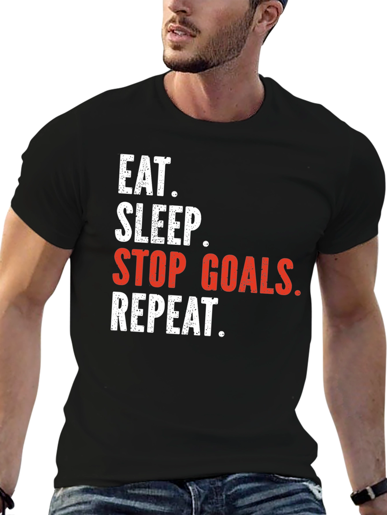 Black Eat Sleep Stop Goals Repeat T-Shirt view 6