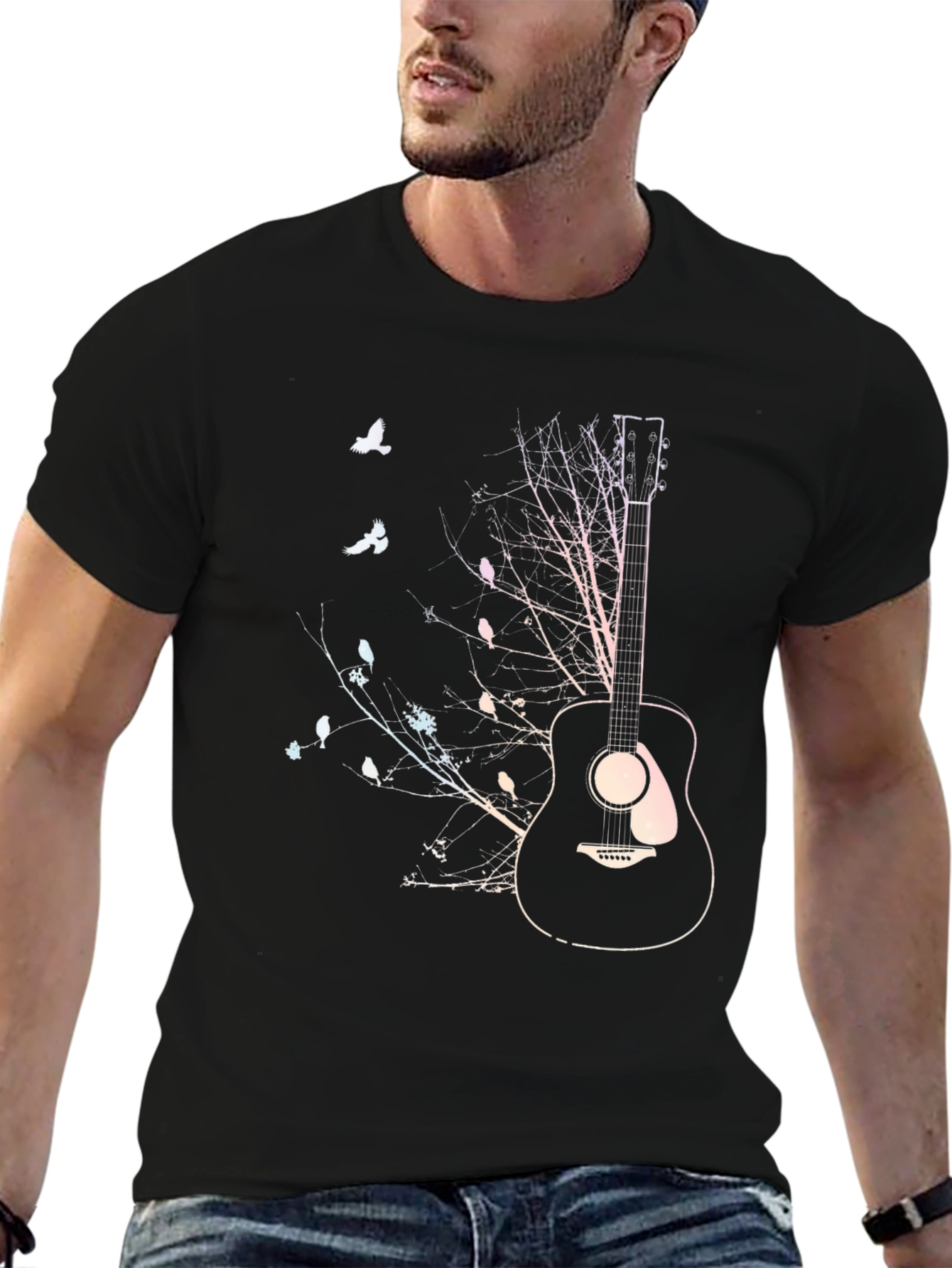 Black Guitar and Birds Graphic Black T-Shirt view 6