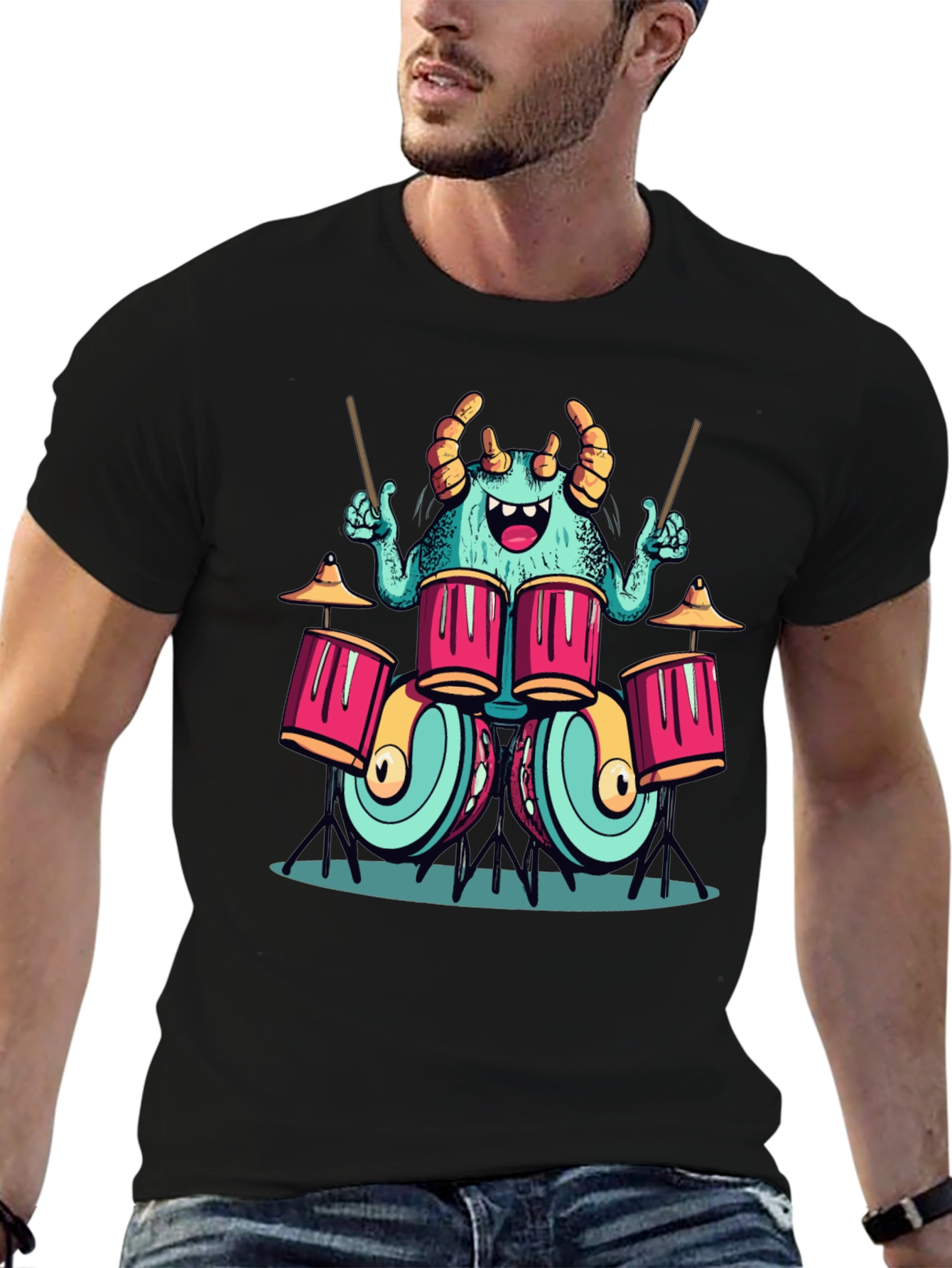 Black Monster Drummer Graphic Tee - Black Cotton T-Shirt view 6