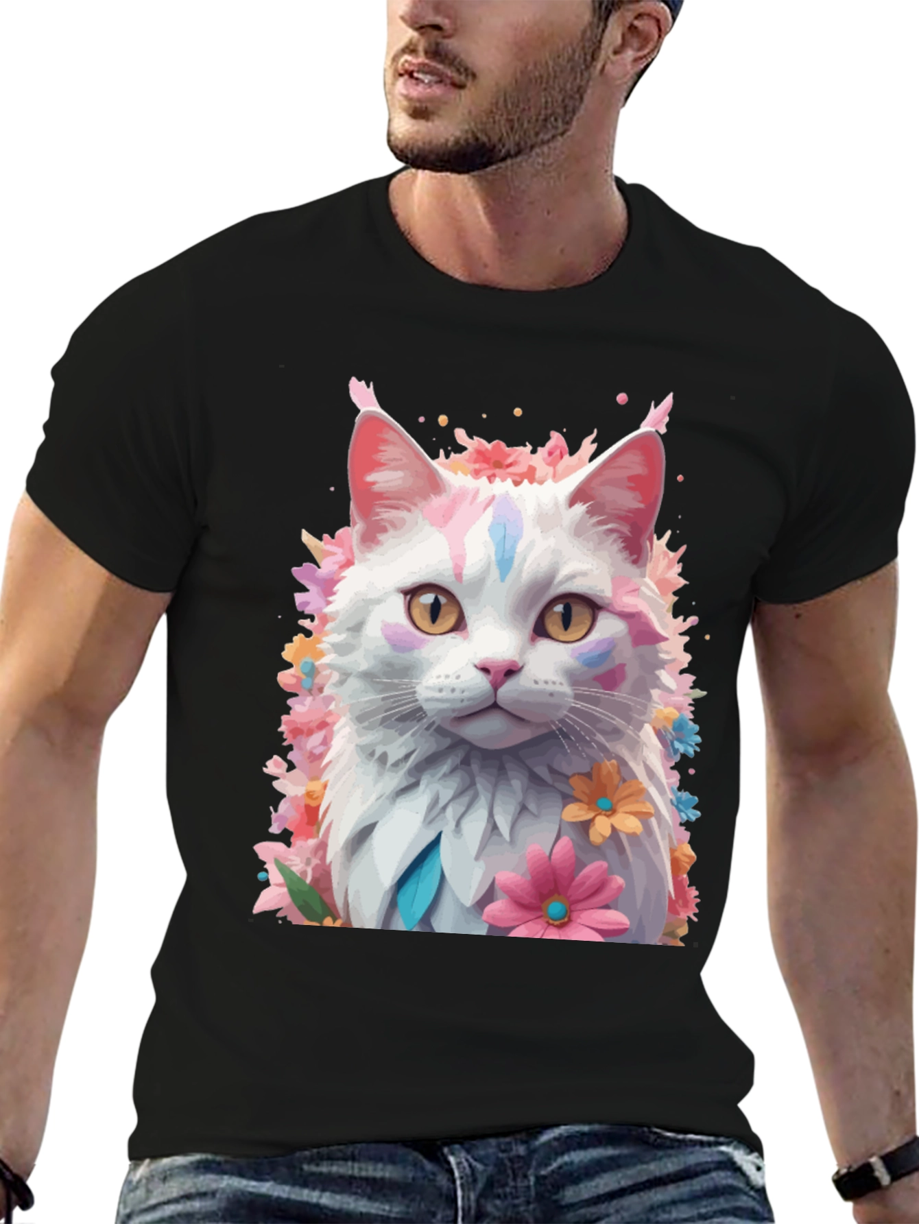 Black Floral Cat T-Shirt - Artistic Graphic Tee view 6