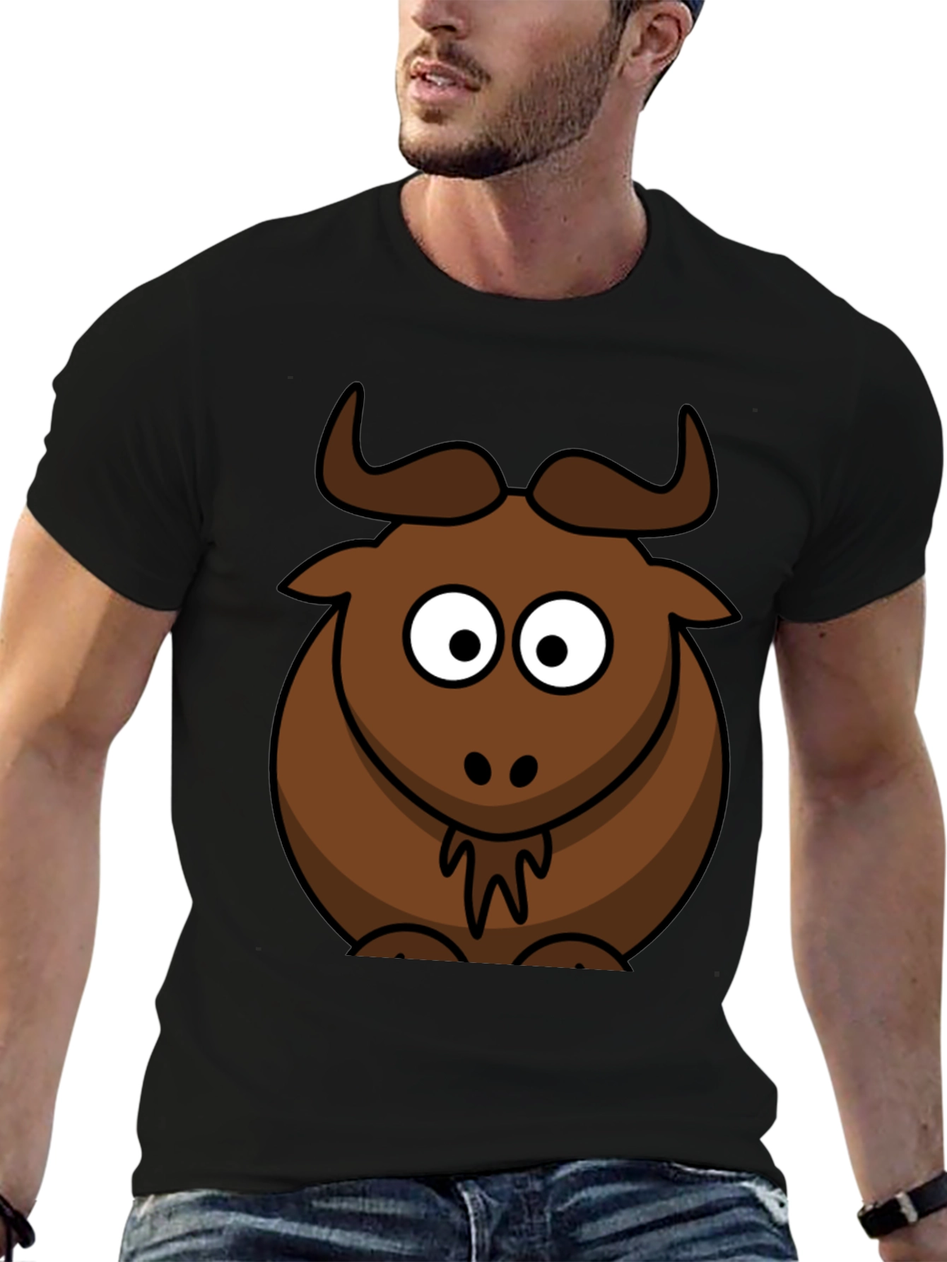 Black Cartoon Bull Graphic Tee - Black Cotton T-Shirt view 6