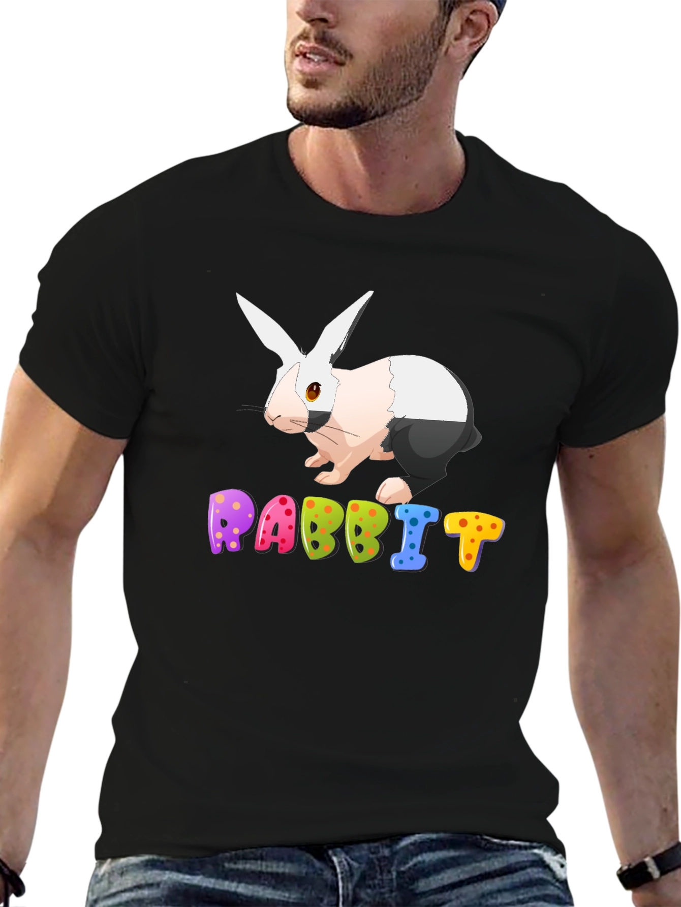 Black Rabbit Graphic Tee - Colorful Cartoon Bunny T-Shirt view 6