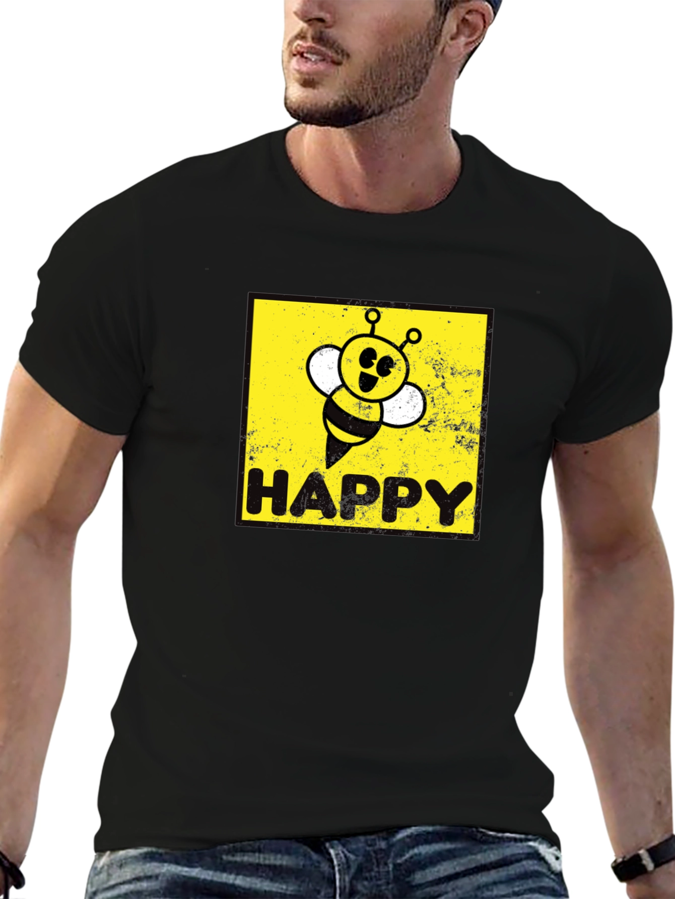 Black Happy Bee Graphic Tee - Black Cotton Blend view 6