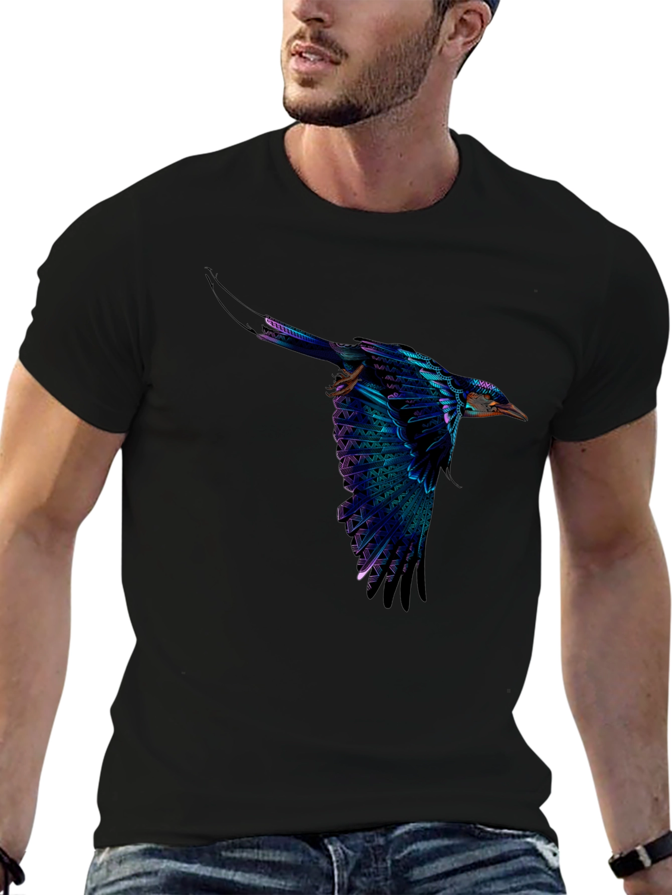 Black Vivid Flying Bird Graphic Black T-Shirt view 6
