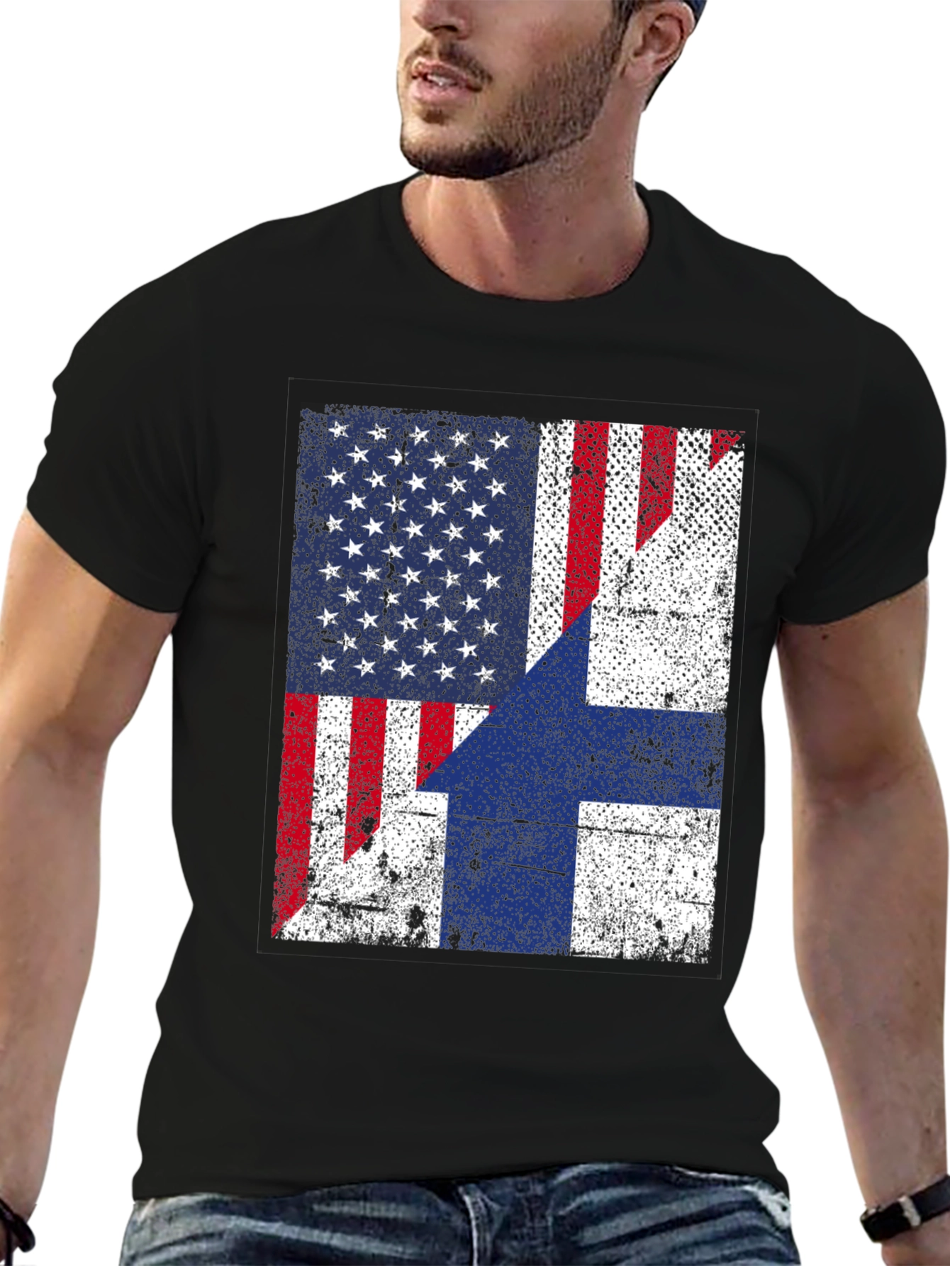 Black USA Finland Flag Graphic Print T-Shirt view 6