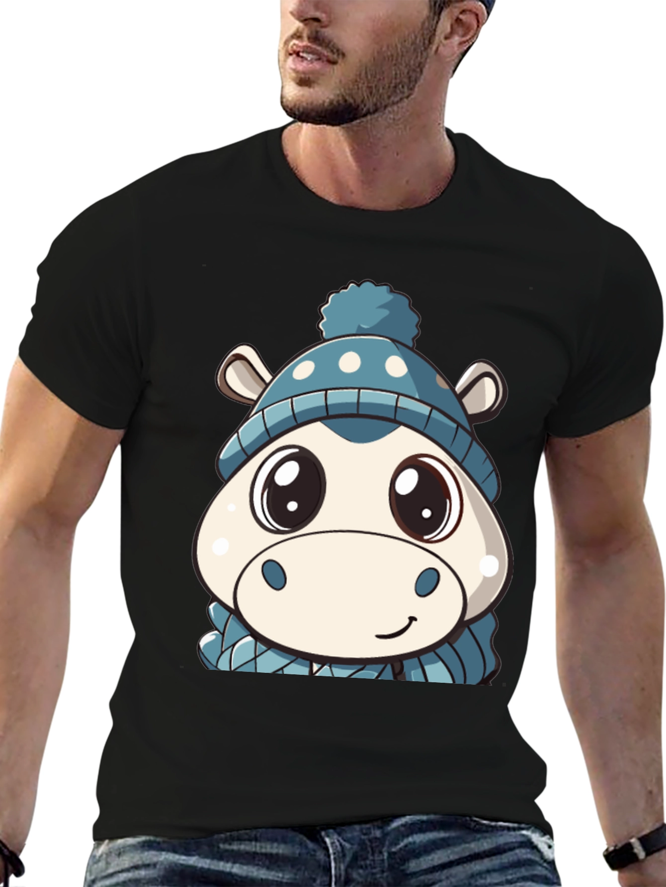 Black Cute Hippo in Hat Graphic Black T-Shirt view 6