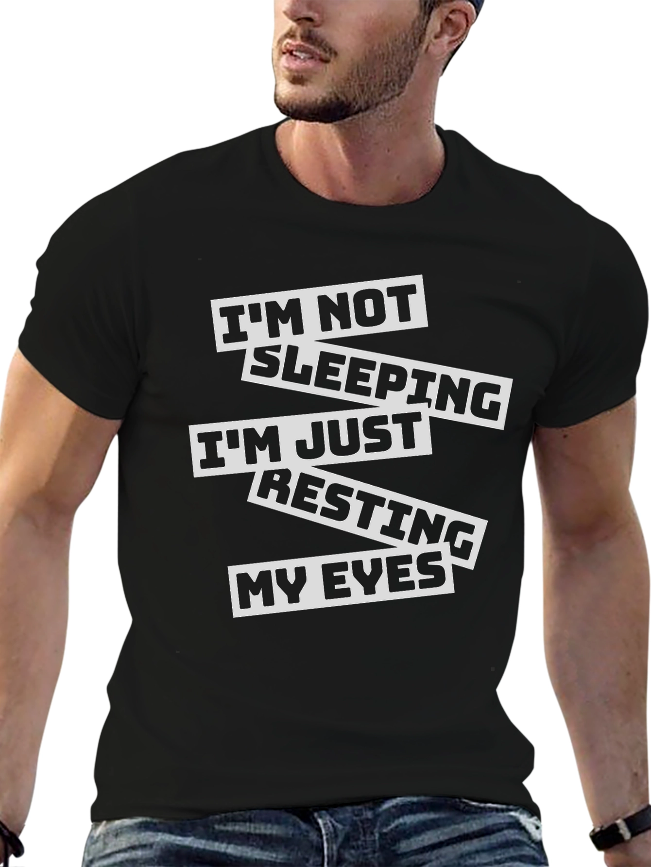Black Funny I'm Not Sleeping Men's Black T-Shirt view 6