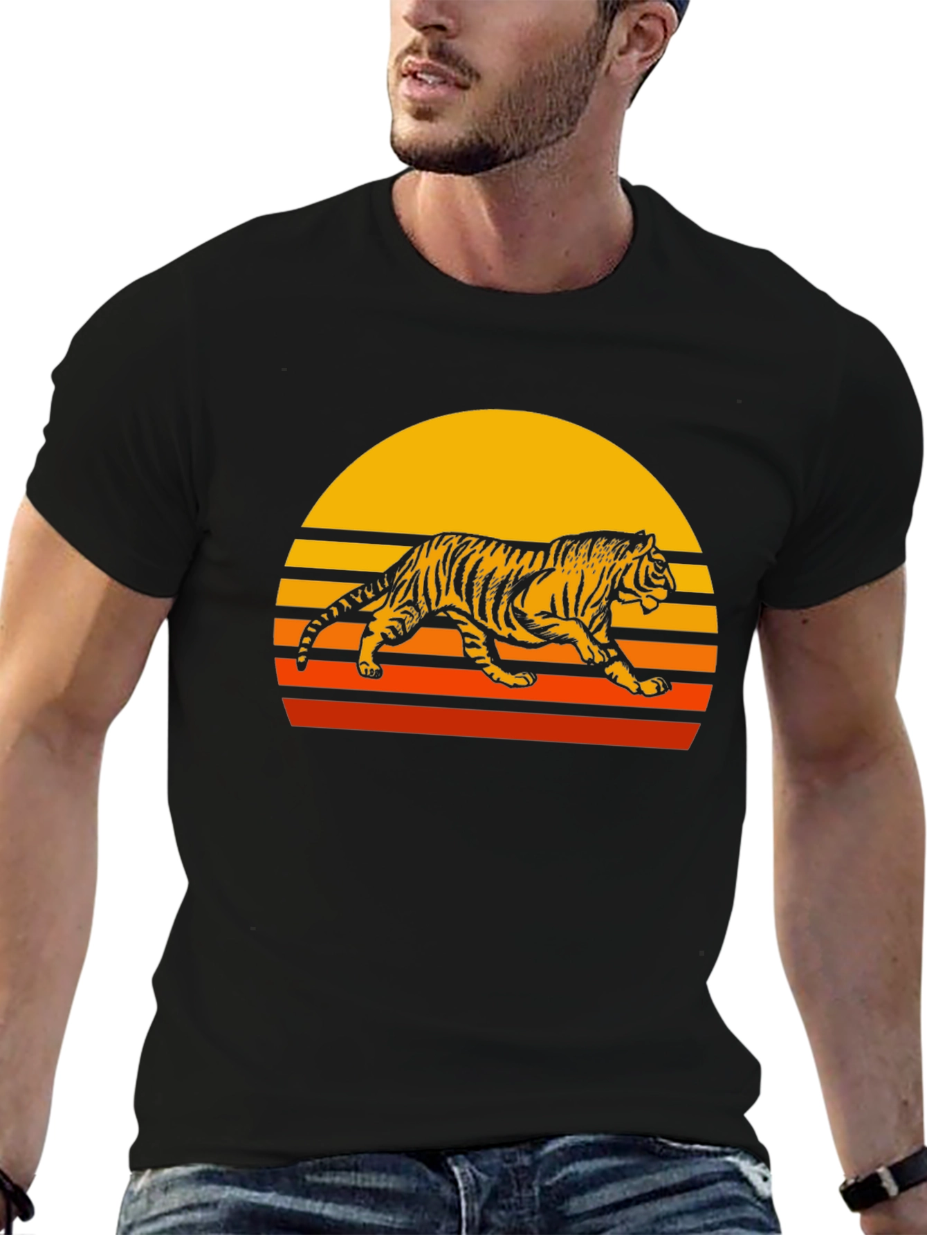 Black Retro Tiger Graphic Tee - Vintage Style Men's T-Shirt view 6