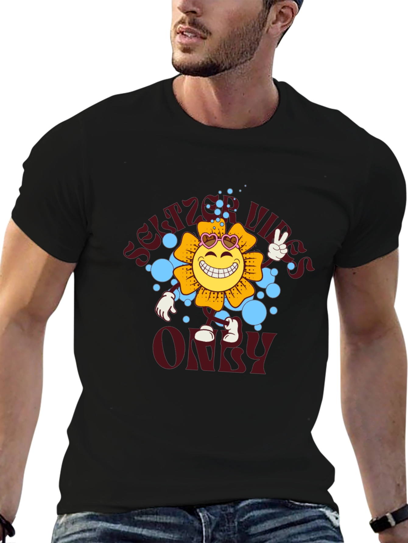 Black Seltzer Vibes Only Graphic Tee - Smiley Flower view 6