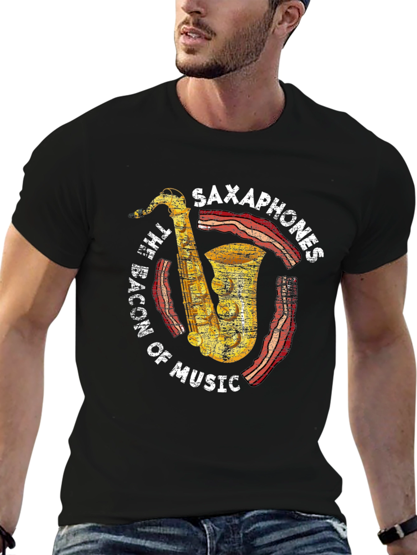 Black Saxophones Bacon of Music Graphic T-Shirt view 6