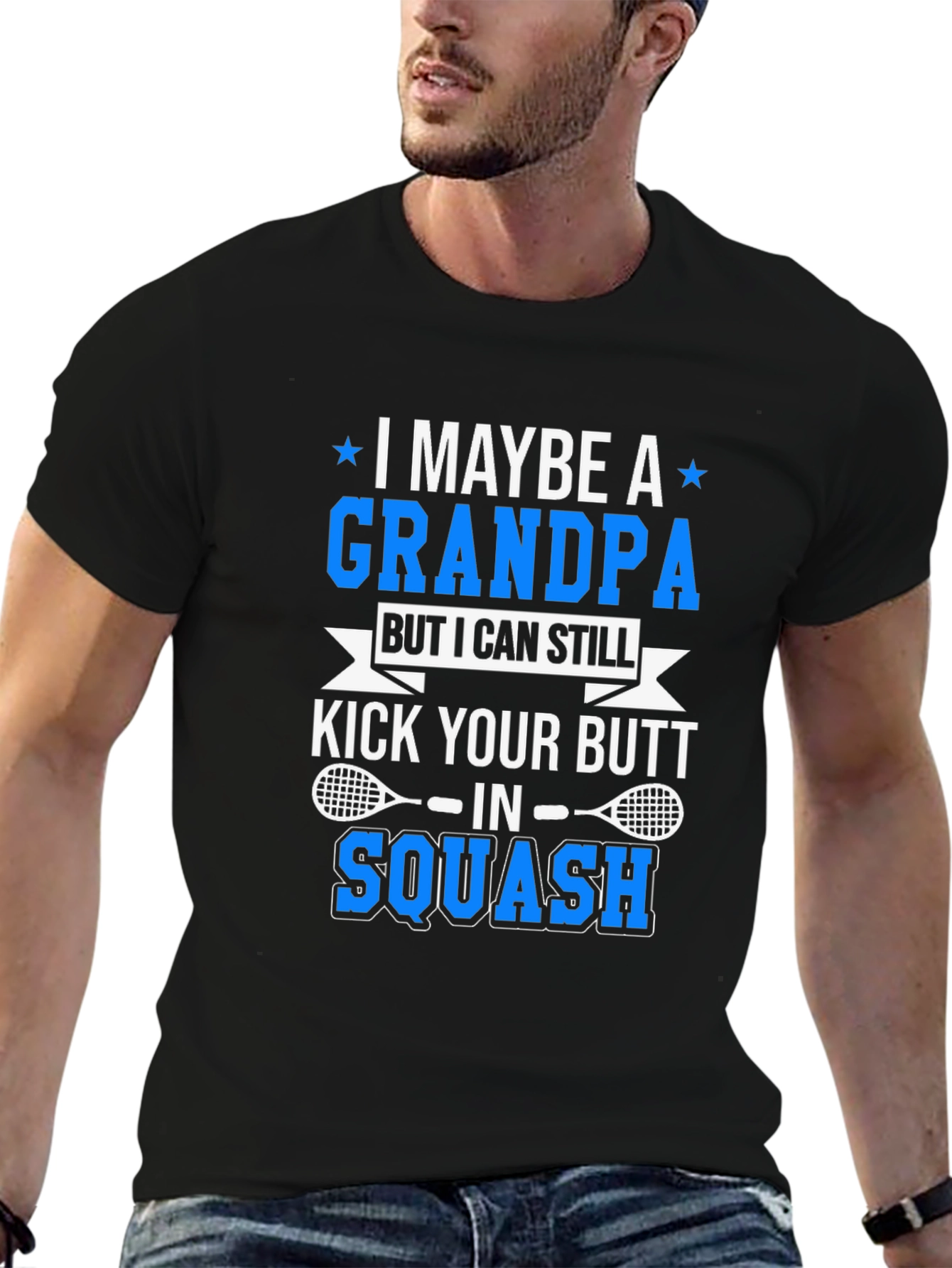 Black Grandpa Squash Player T-Shirt - Kick Your Butt! view 6