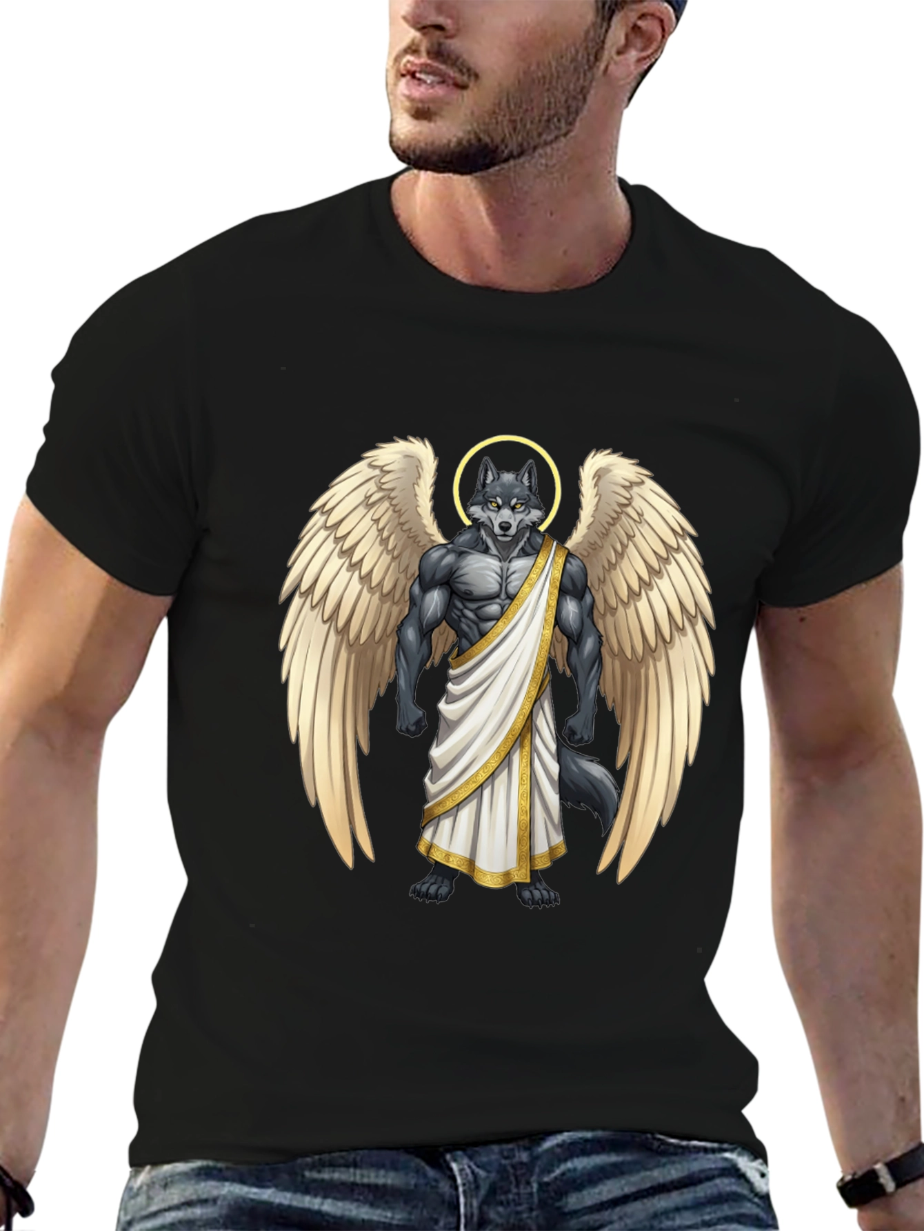 Black Angel Wolf Graphic Tee - Black Cotton T-Shirt view 6
