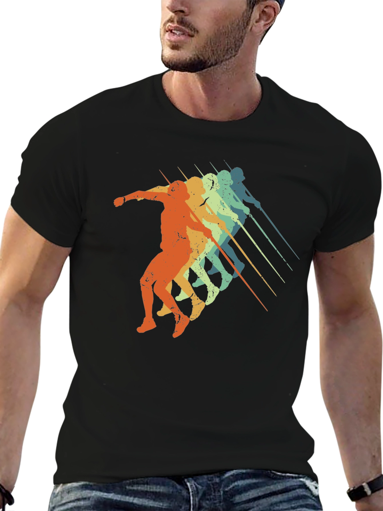 Black Retro Javelin Thrower Tee - Black Graphic T-Shirt view 6