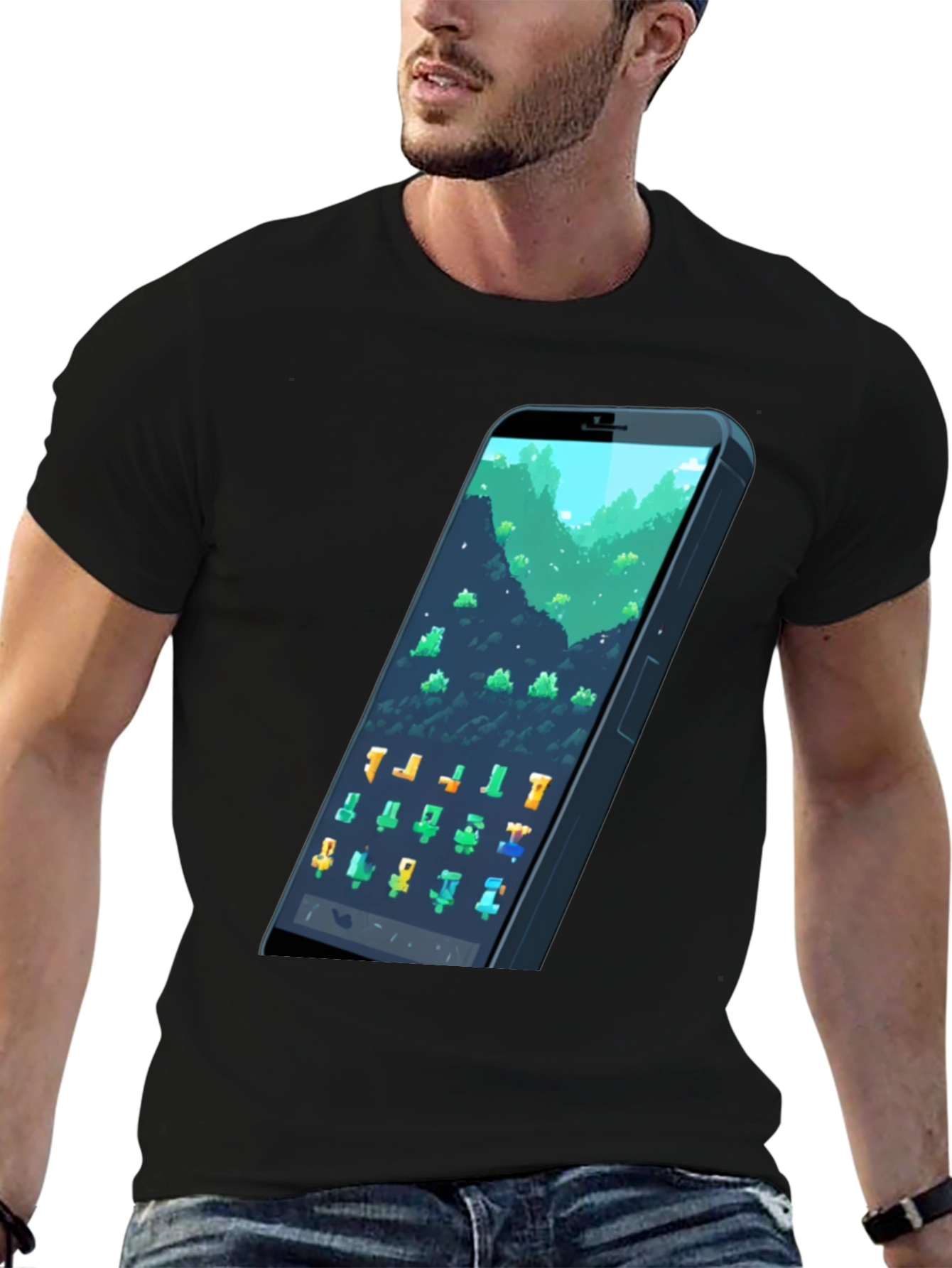 Black Pixel Phone T-Shirt - Gamer Style Tee view 6