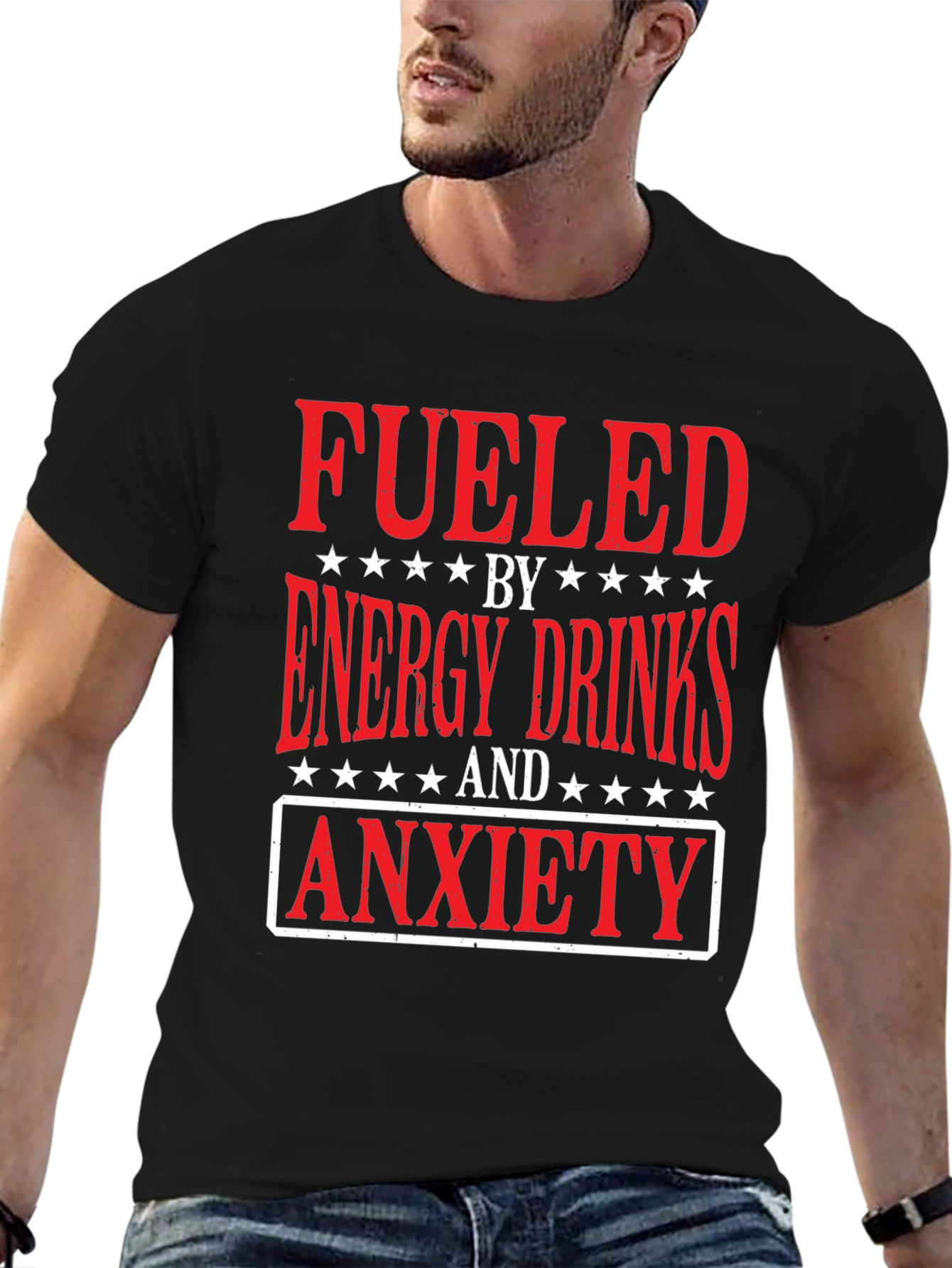 Black Fueled by Energy Drinks and Anxiety T-Shirt view 6