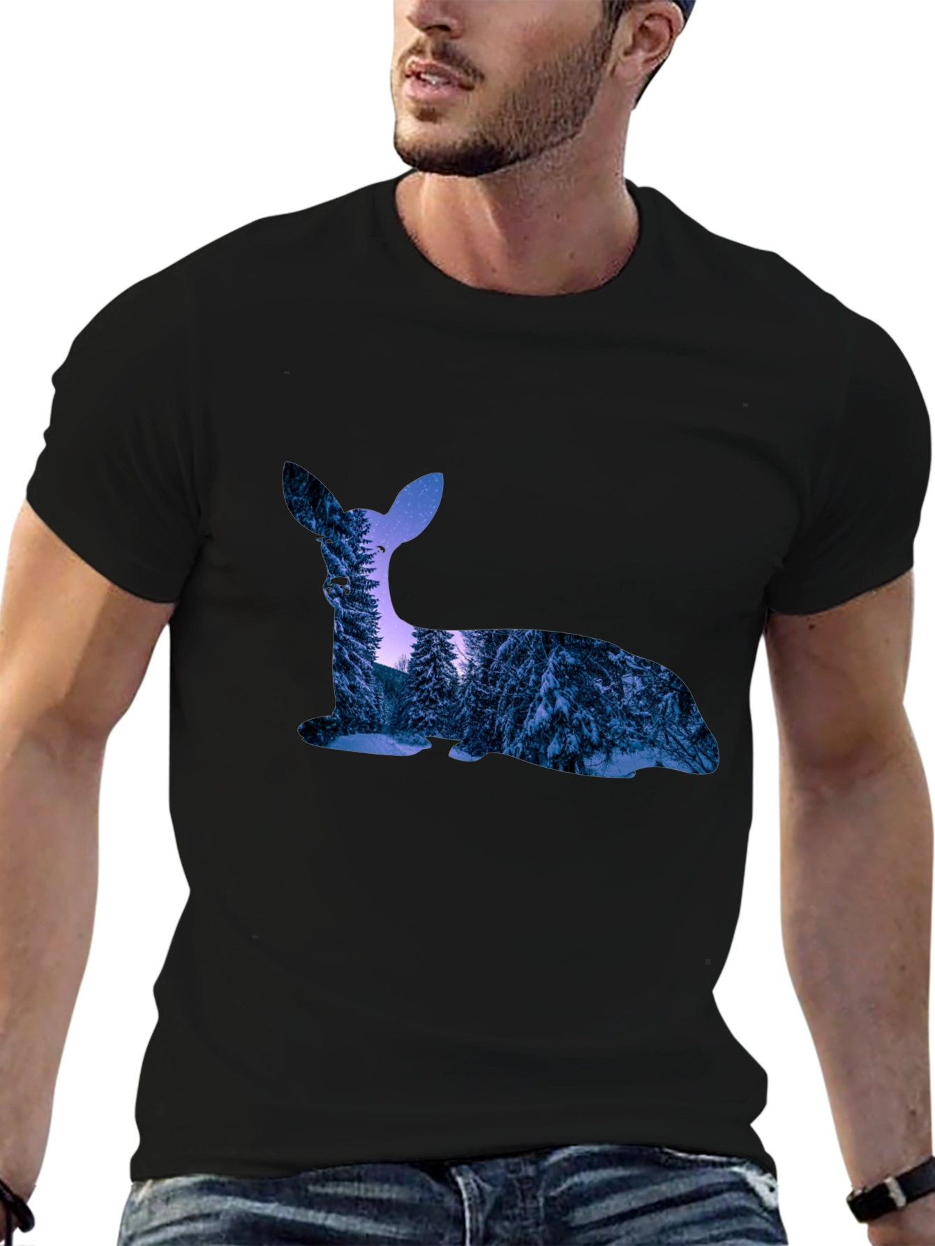 Black Deer Silhouette Winter Forest Graphic T-Shirt view 6