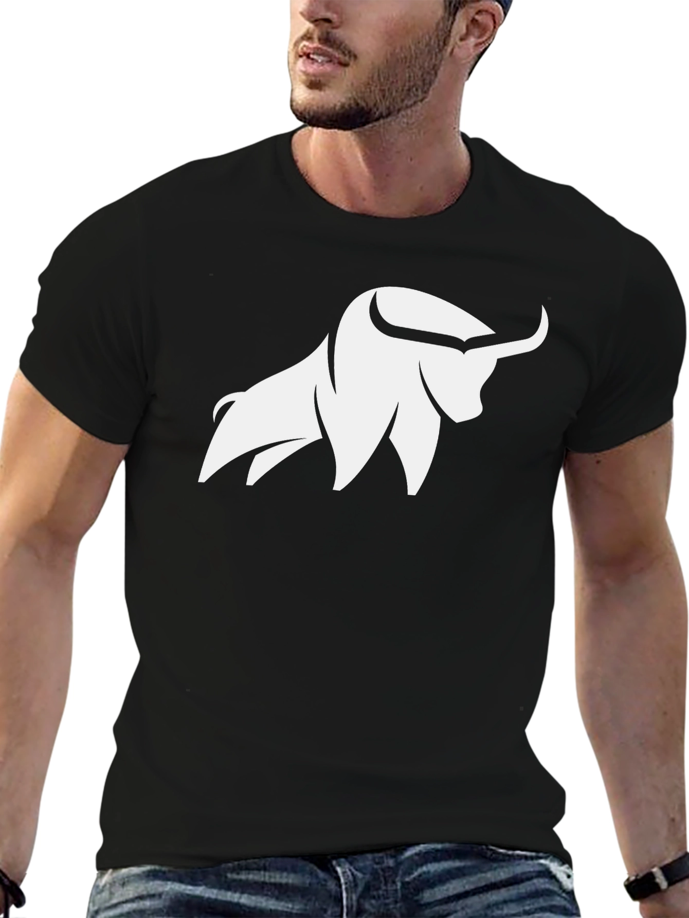 Black Black T-Shirt with White Bull Graphic view 6