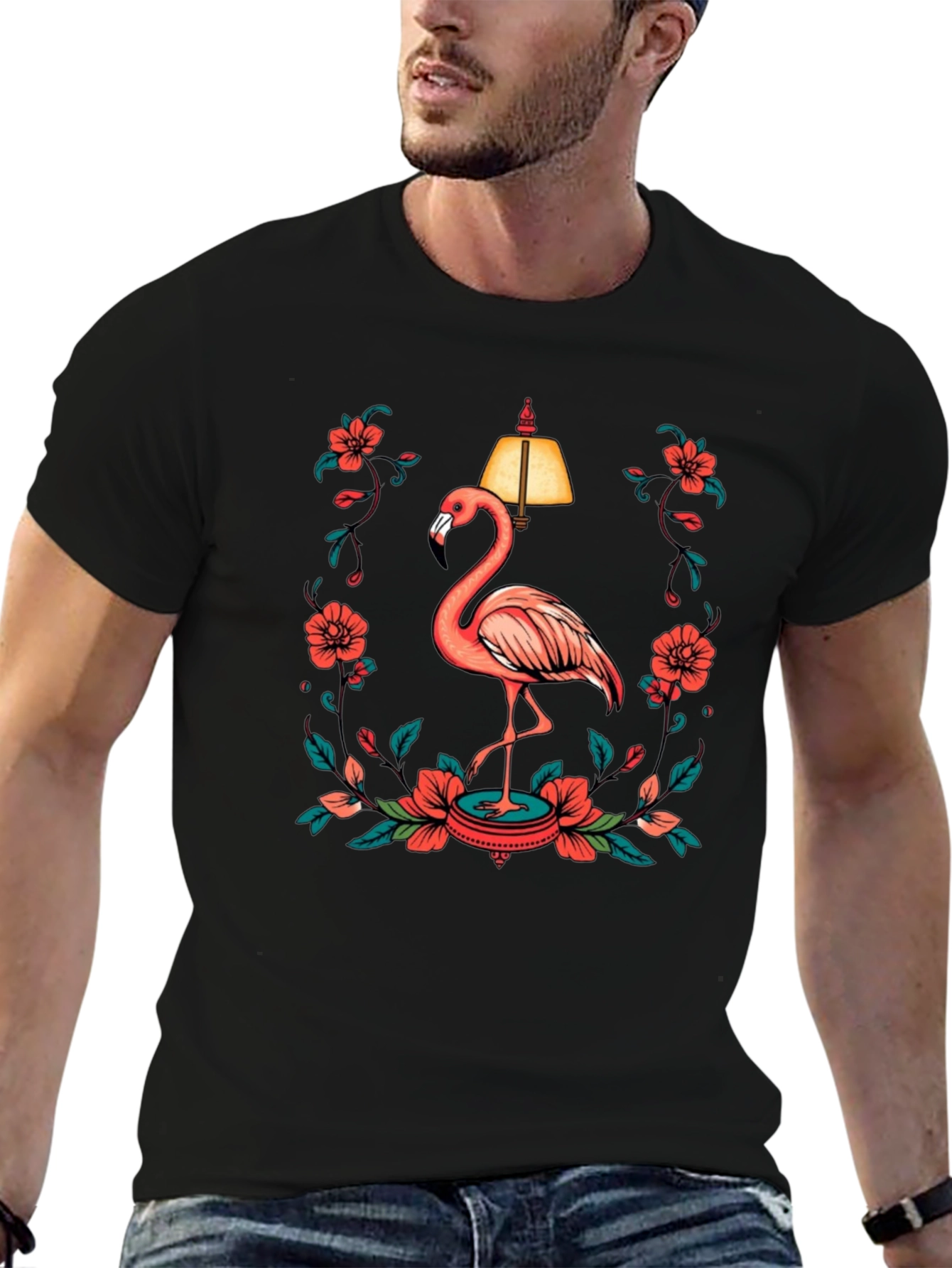Black Black T-Shirt with Flamingo and Floral Lamp Graphic view 6