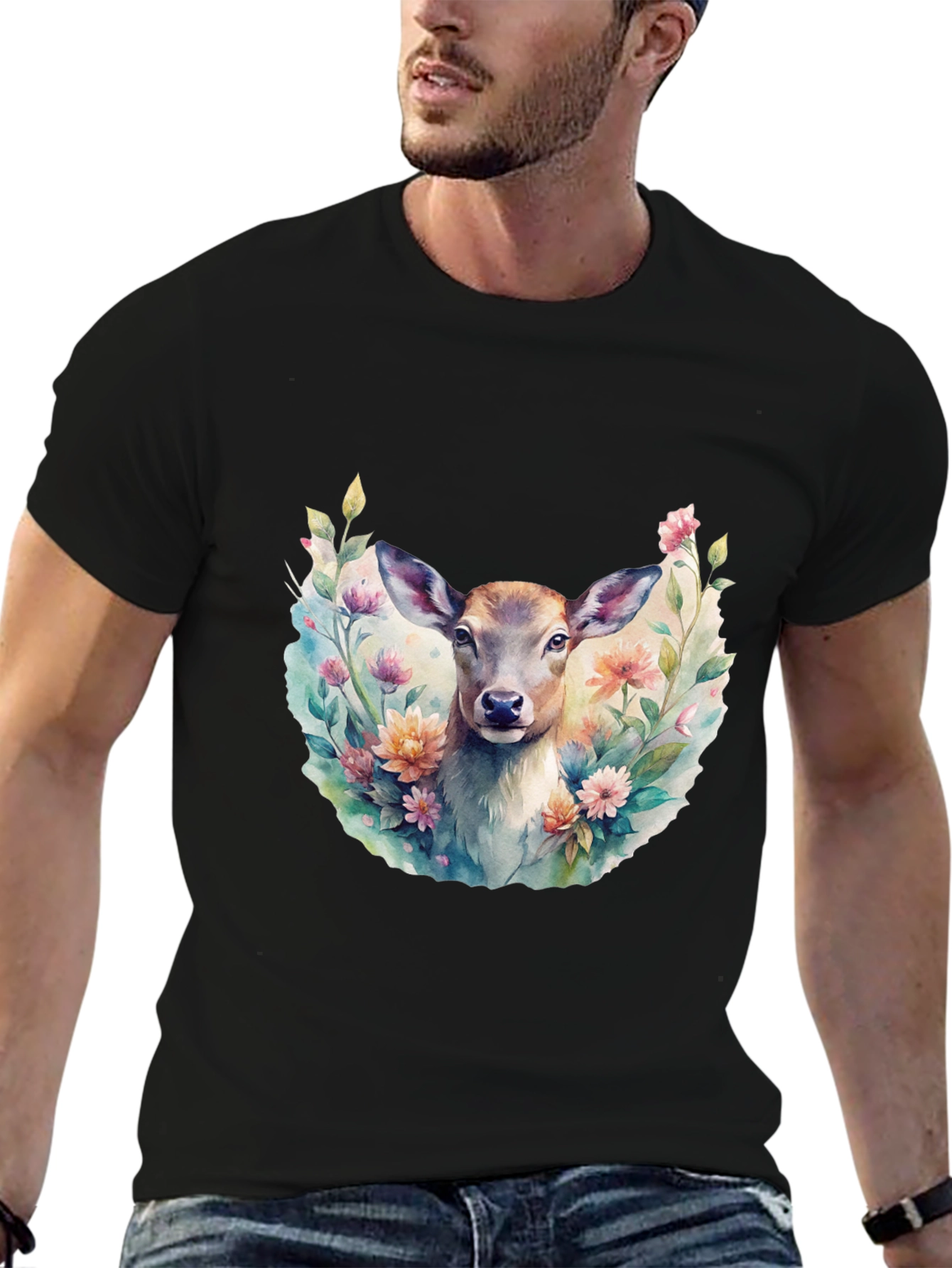 Black Floral Deer Graphic Tee - Stylish Men's Black T-Shirt view 6