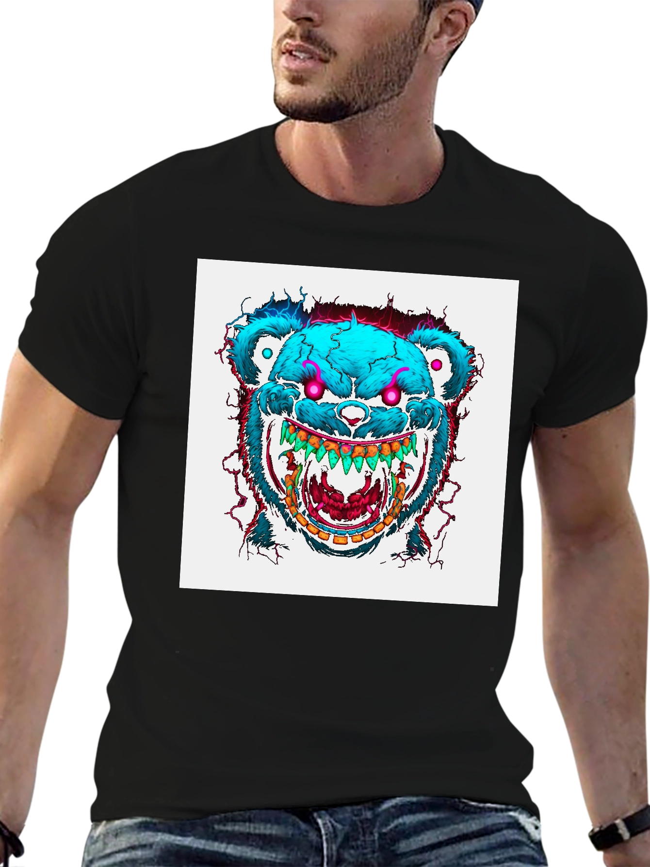 Black Men's Black T-Shirt with Graphic Bear Design view 6
