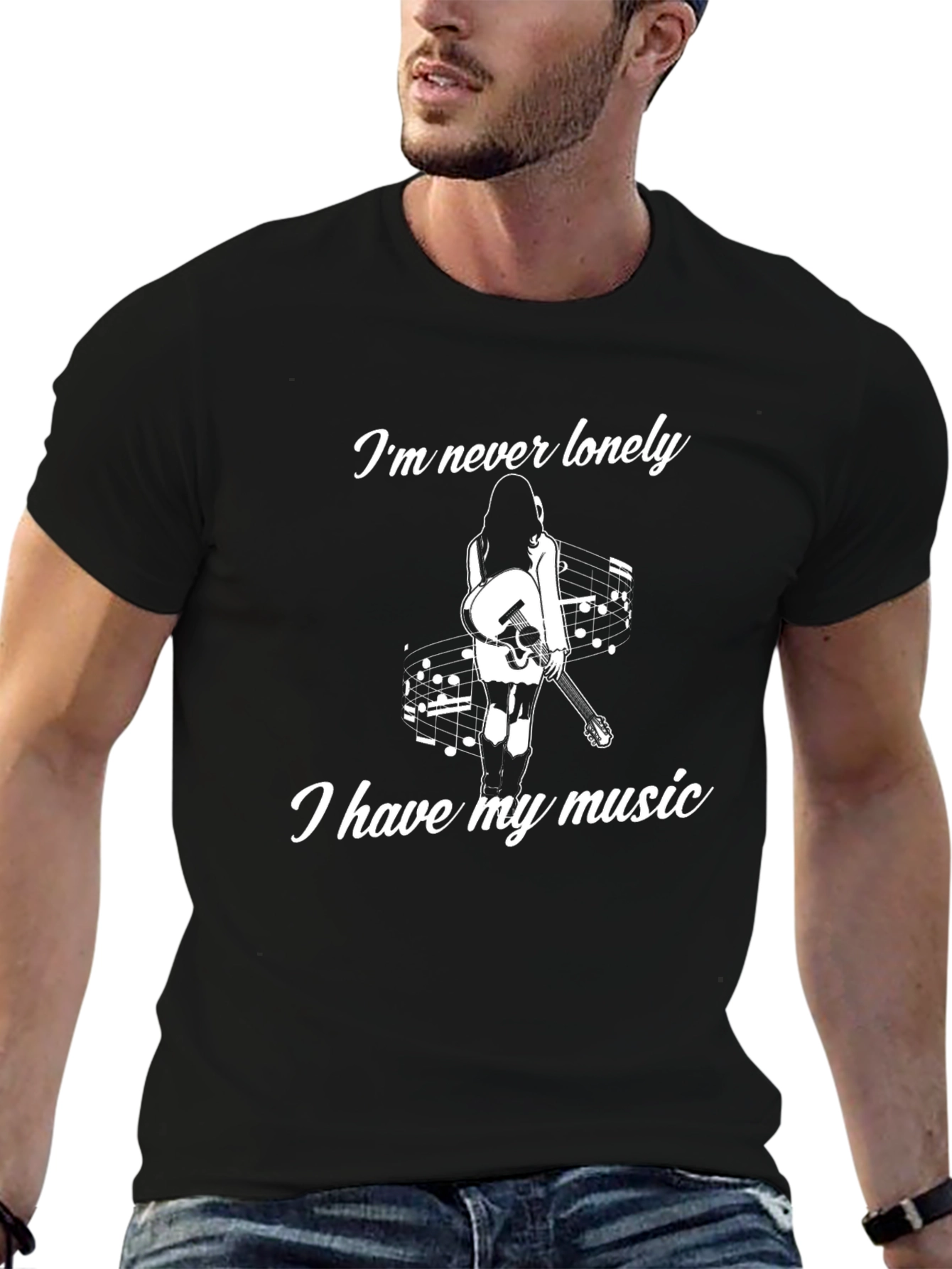 Black I'm Never Lonely T-Shirt, Music Lover Tee view 6
