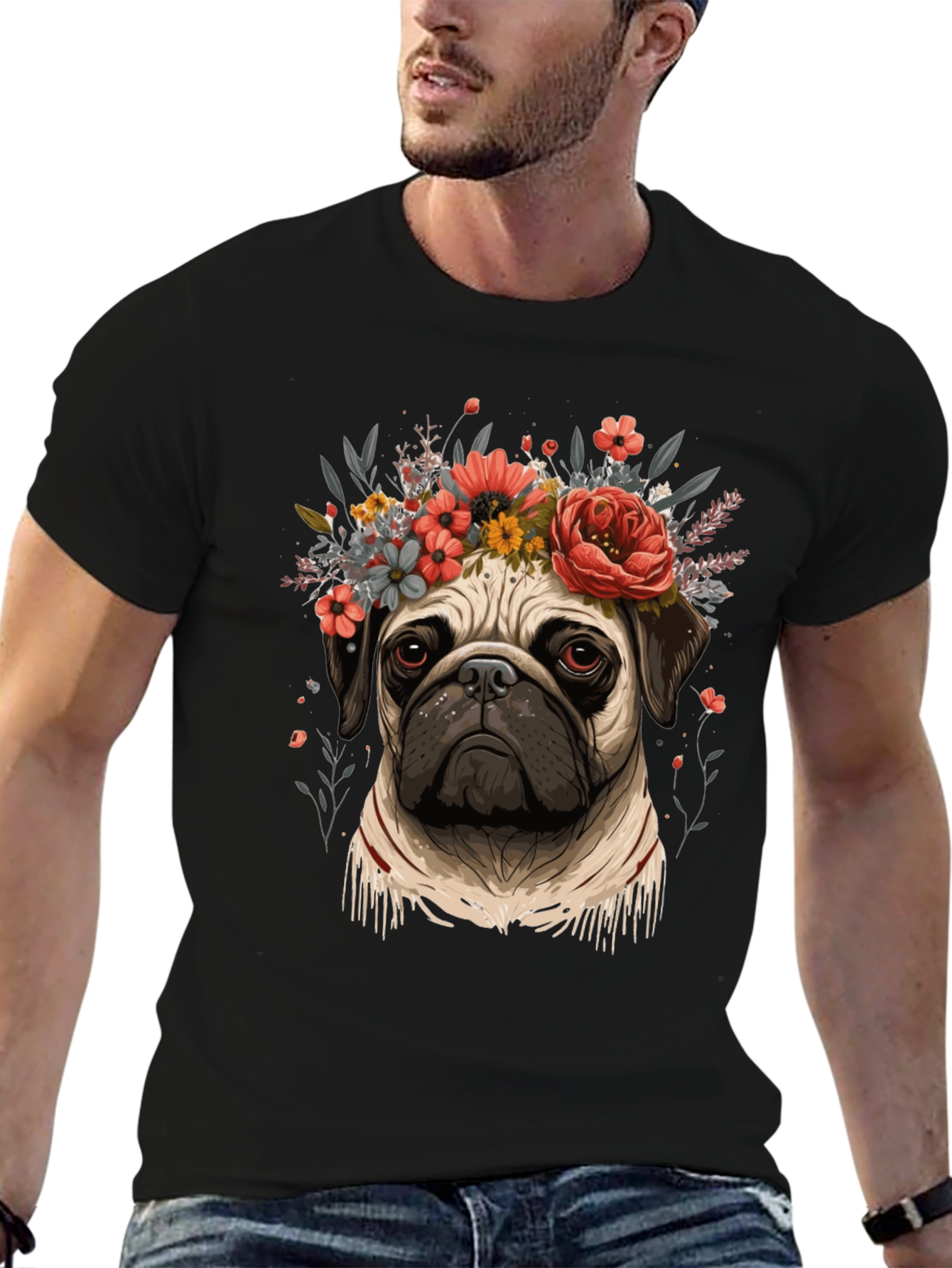 Black Floral Pug Graphic Tee - Black Cotton Blend view 6